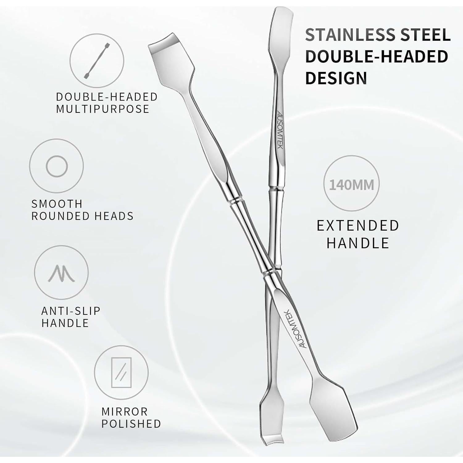 Espátula Doble Ausomtek para Puntos Negros y Blancos, Acero Inoxidable, Estuche Cian