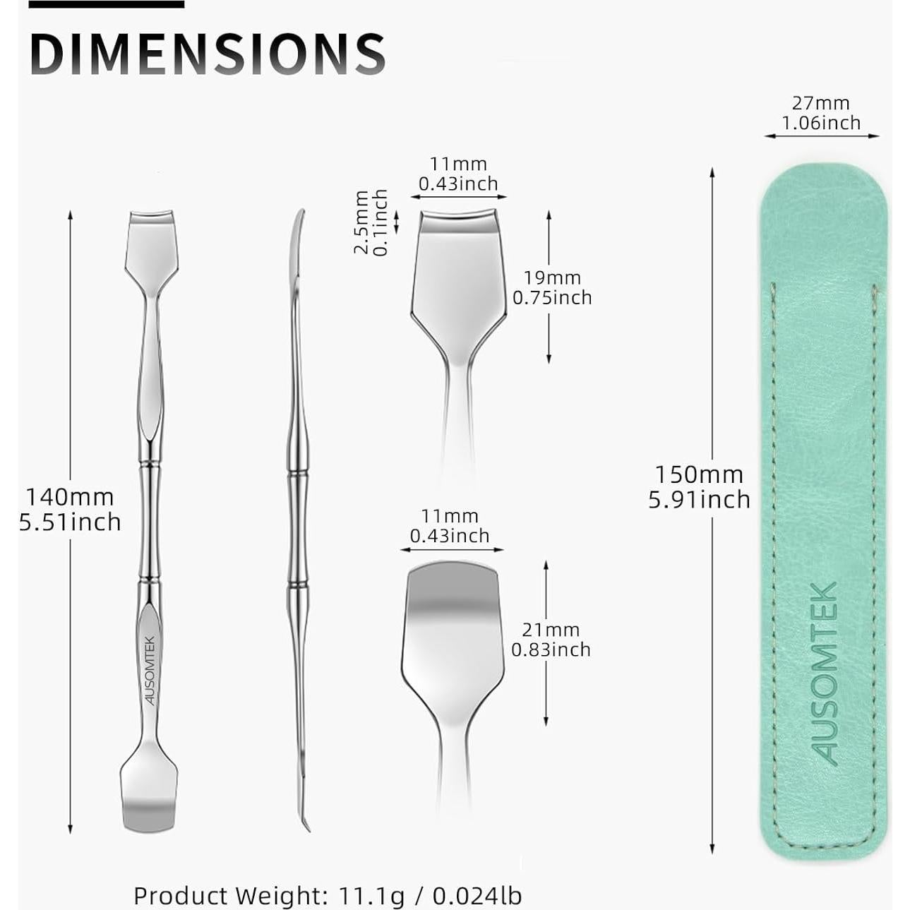 Espátula Doble Ausomtek para Puntos Negros y Blancos, Acero Inoxidable, Estuche Cian