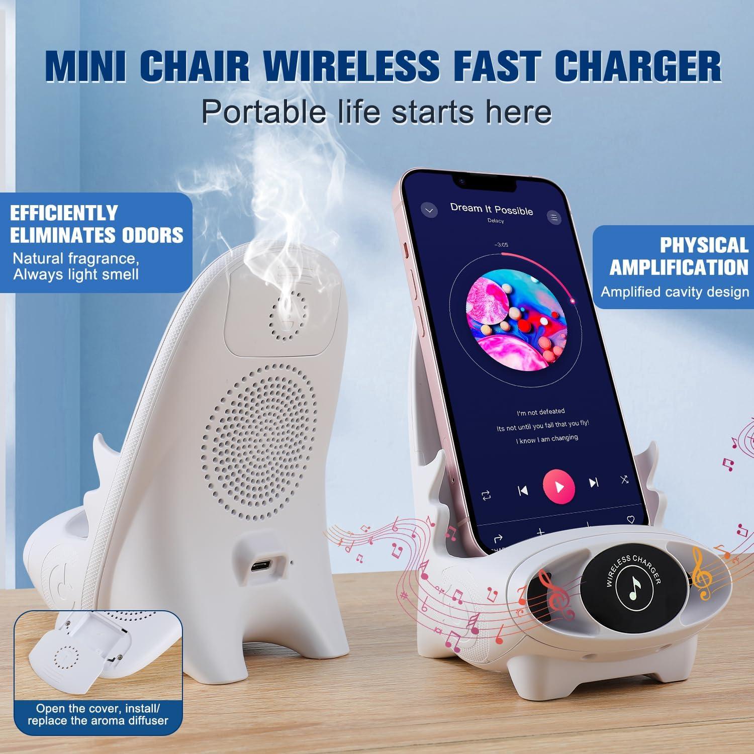 Portable Mini Chair Wireless Charger Phone Holder,Wireless Fast Charger Multifunctional Phone Holder, Multifunctional Wireless Fast Charging Station,3 in 1 Wireless Charger with Speaker Function