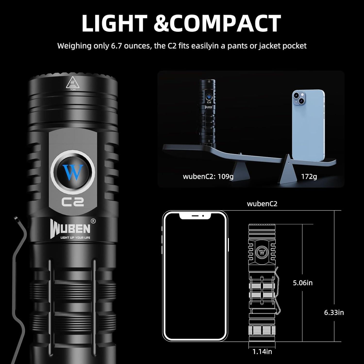 Linterna Recargable WUBEN C2 2000 Lúmenes LED Táctica IP68