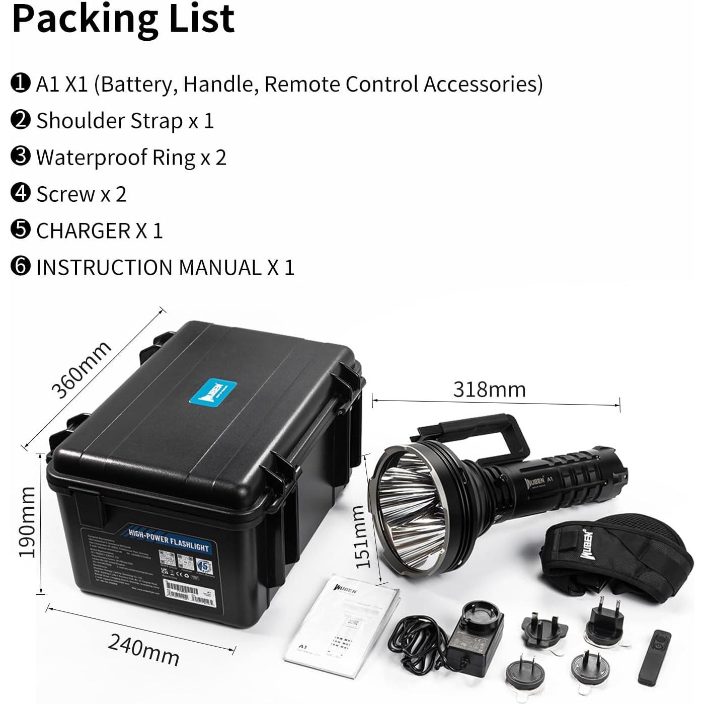 Linterna Recargable WUBEN A1 20000 Lúmenes 2500m Alcance