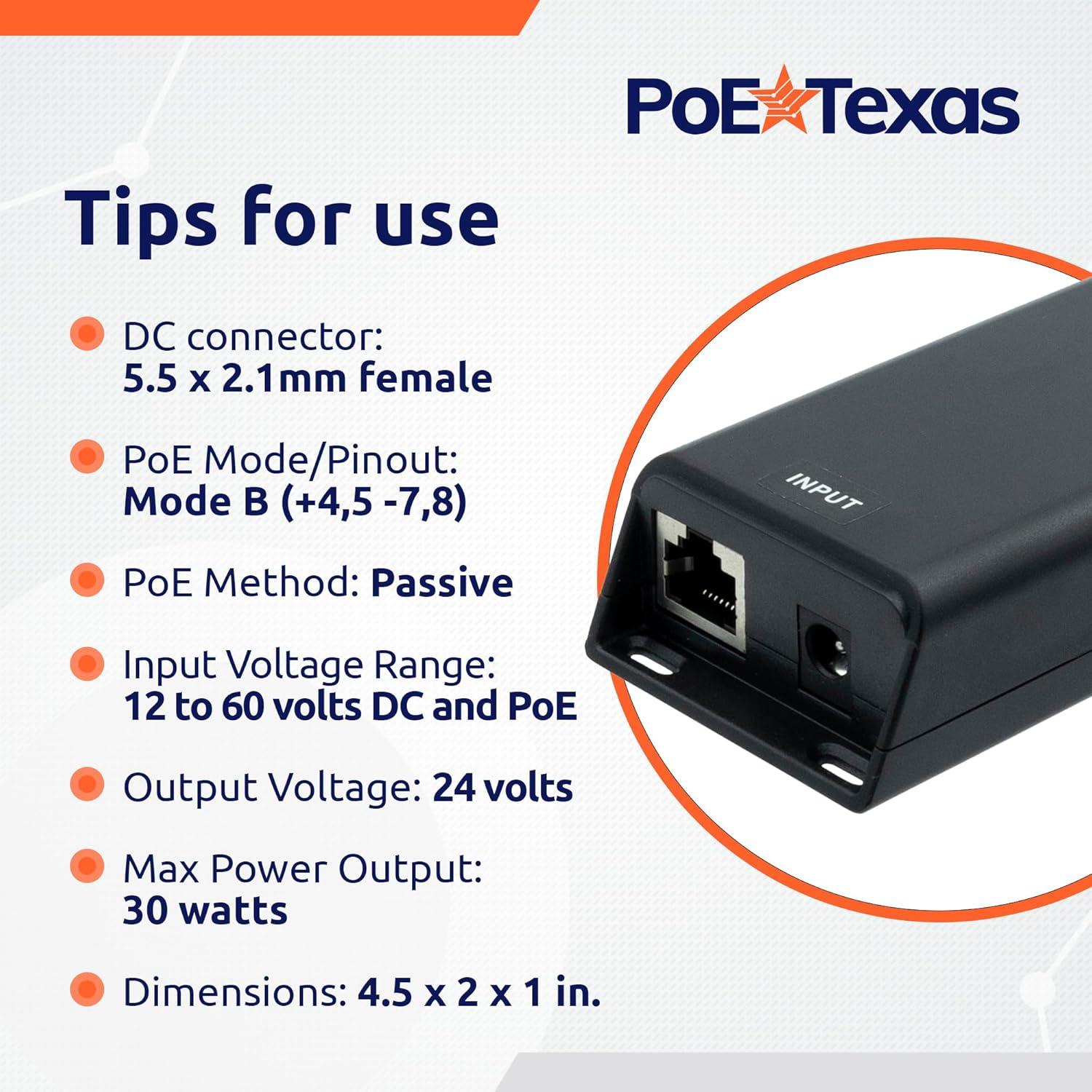 Inyector PoE Pasivo 24V PoE Texas 30W para Solar