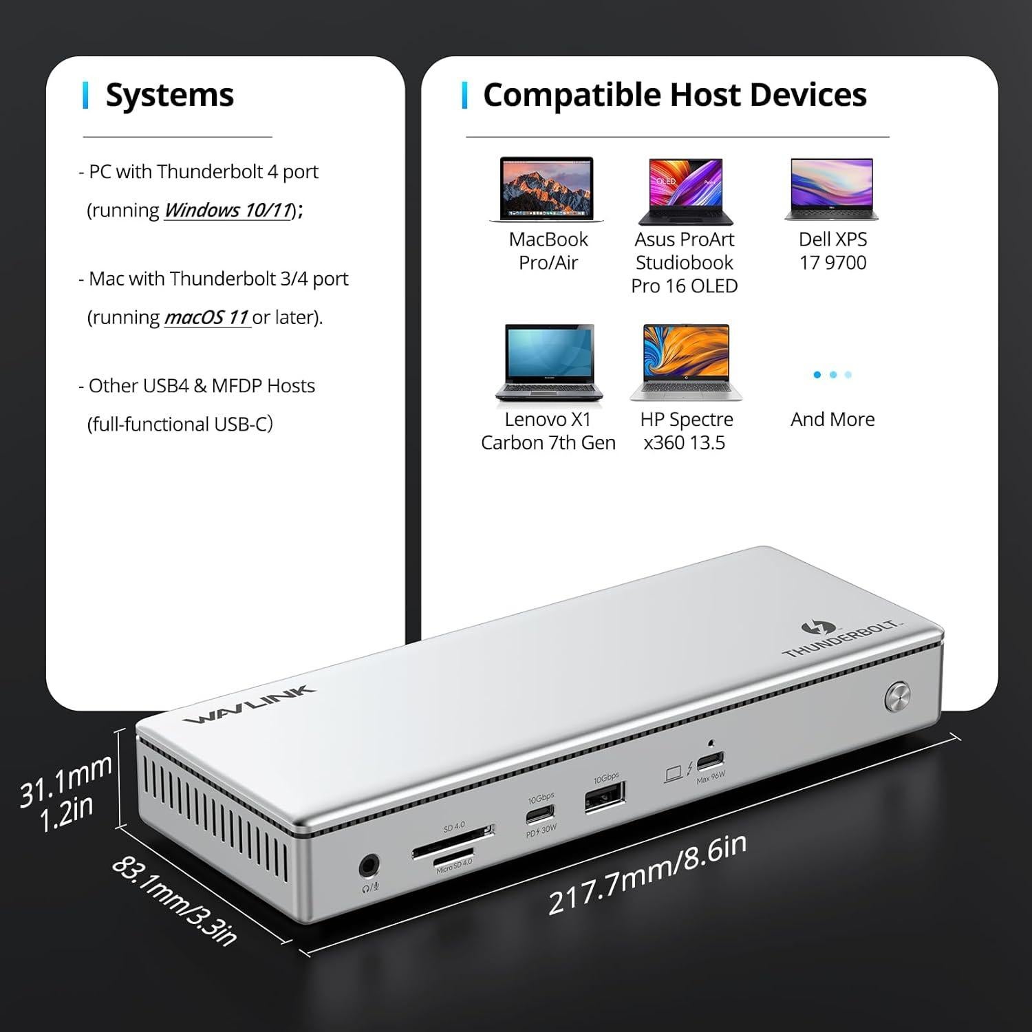 Dock Thunderbolt 4 WAVLINK 13-en-1 Doble HDMI 4K 60Hz
