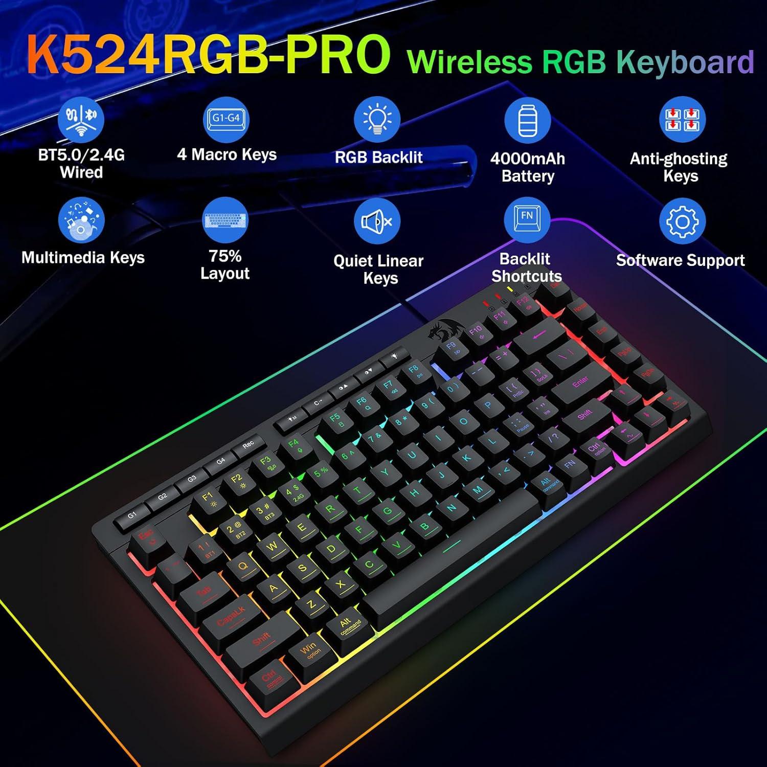 Teclado Gaming Inalámbrico Redragon K524 Pro RGB 75%