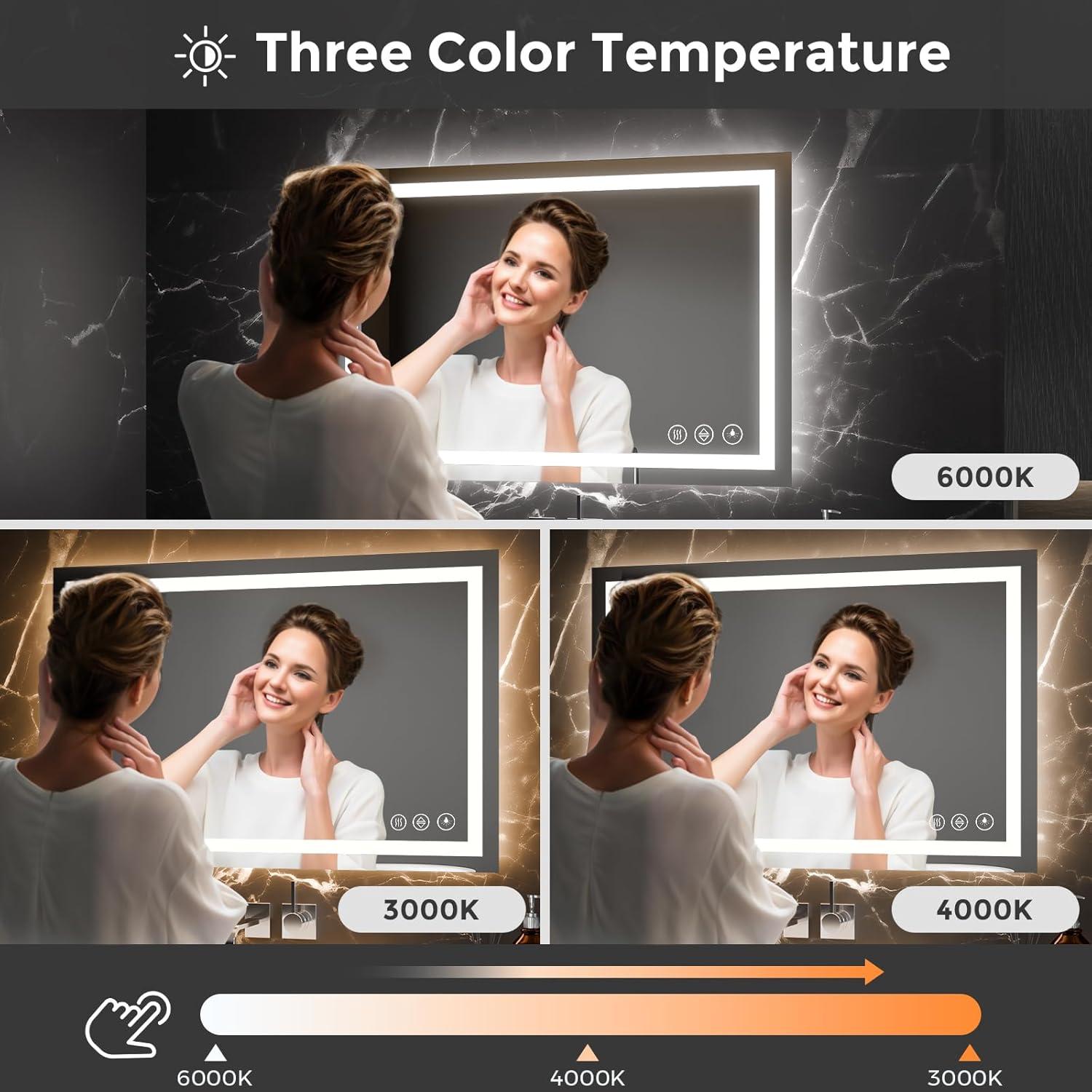 Espejo de Baño LED Koonmi 91x61 cm, Retroiluminado, 3 Colores