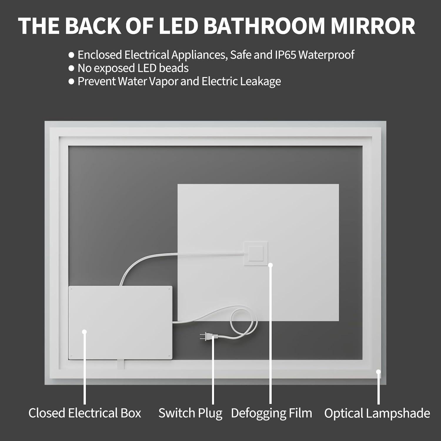 Espejo de Baño LED Koonmi 91x61 cm, Retroiluminado, 3 Colores