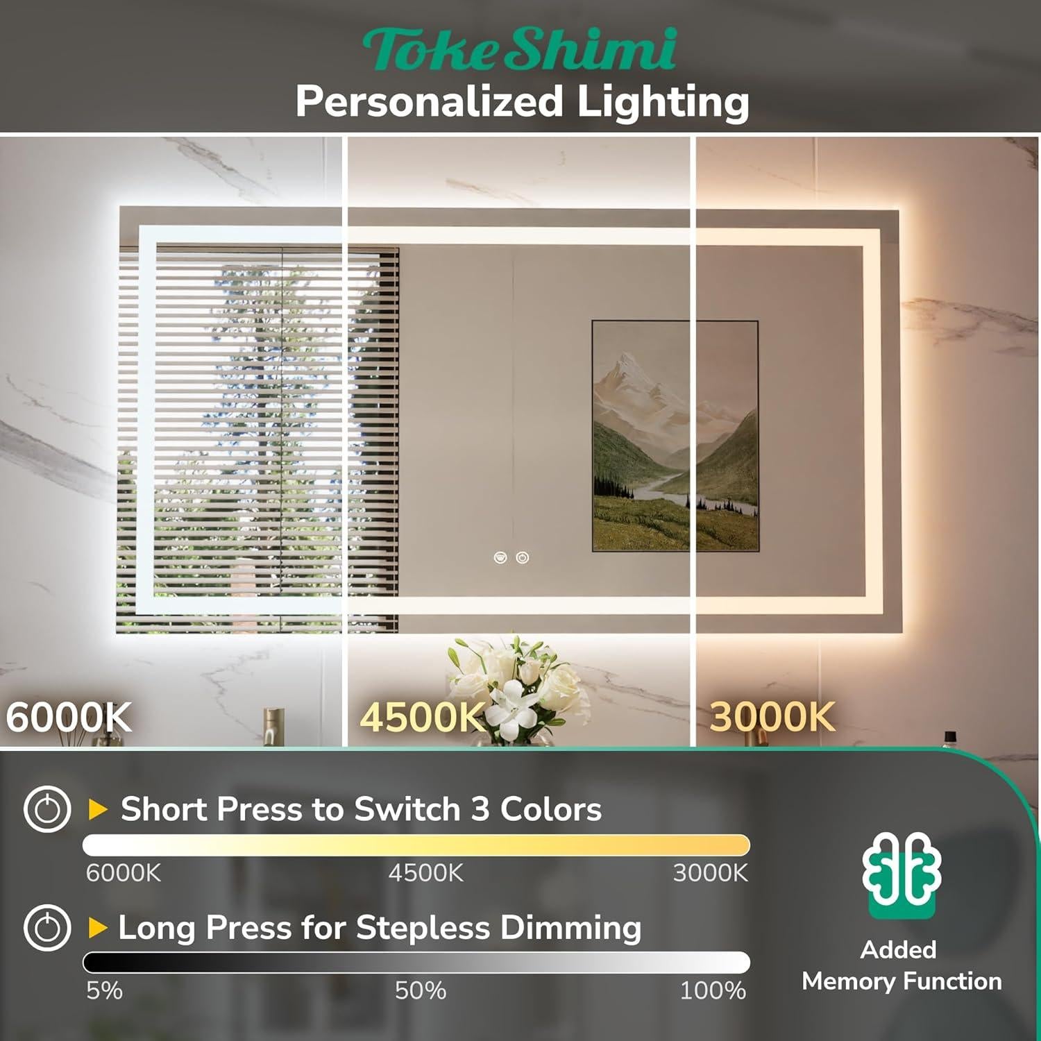 Espejo LED TokeShimi 81x61 cm para baño, iluminado 3 colores