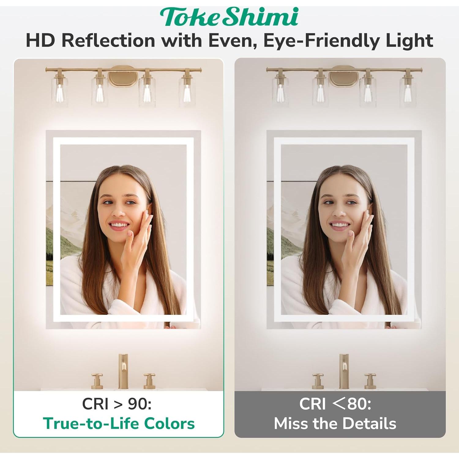 Espejo LED TokeShimi 81x61 cm para baño, iluminado 3 colores