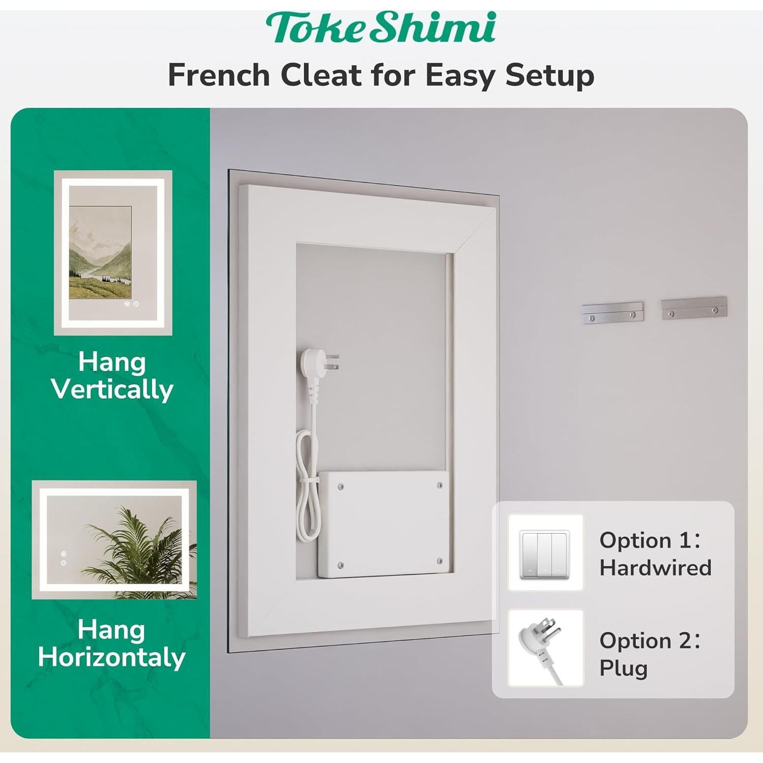 Espejo LED TokeShimi 81x61 cm para baño, iluminado 3 colores