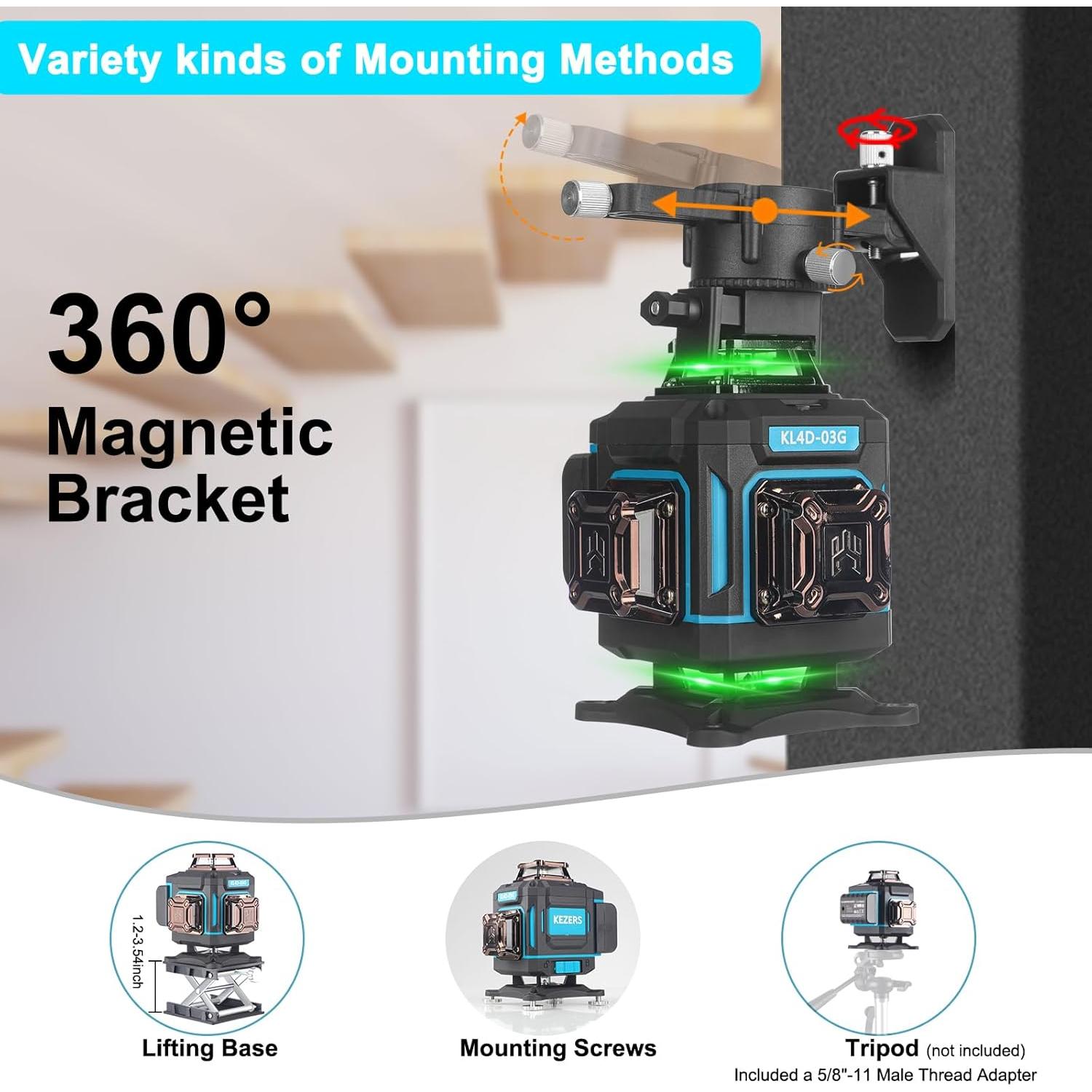 Nivel láser KEZERS 4D Autonivelante Verde 360° con Control Remoto