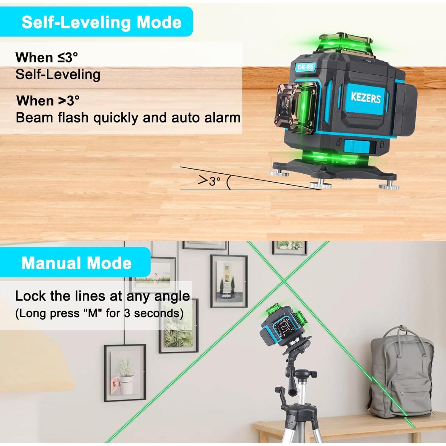 Nivel láser KEZERS 4D Autonivelante Verde 360° con Control Remoto