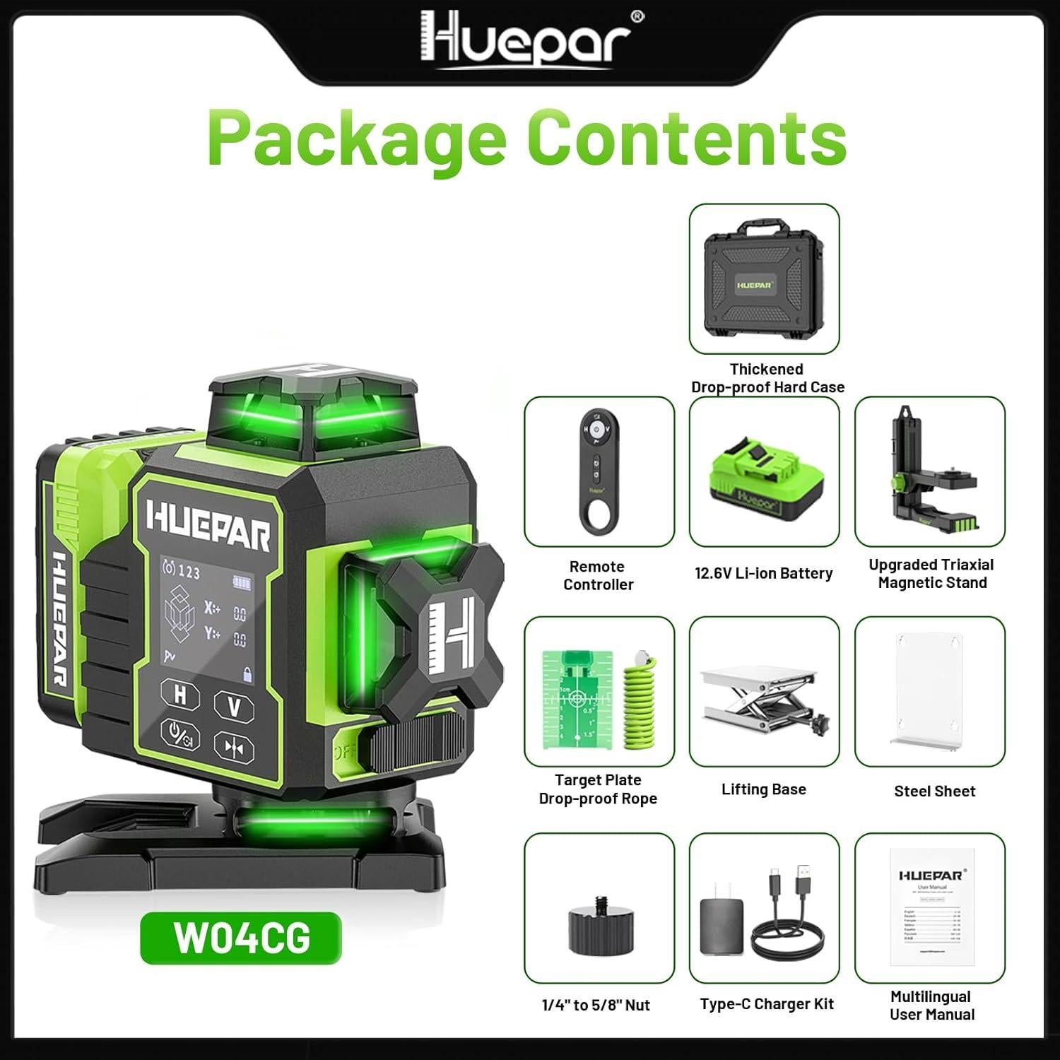 Nivel Láser Huepar W04CG 4D Autonivelante Bluetooth Verde