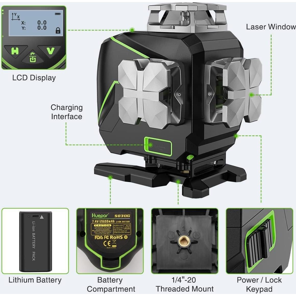 Nivel Láser Autonivelante Huepar S04-5RG 16 Líneas 360° Verde