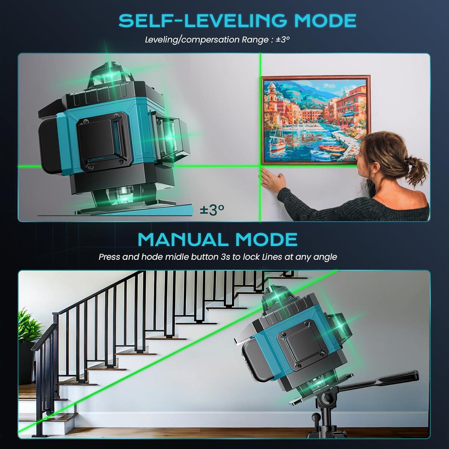 Nivel láser 4D auto nivelante LQHUE 16 líneas 360° verde