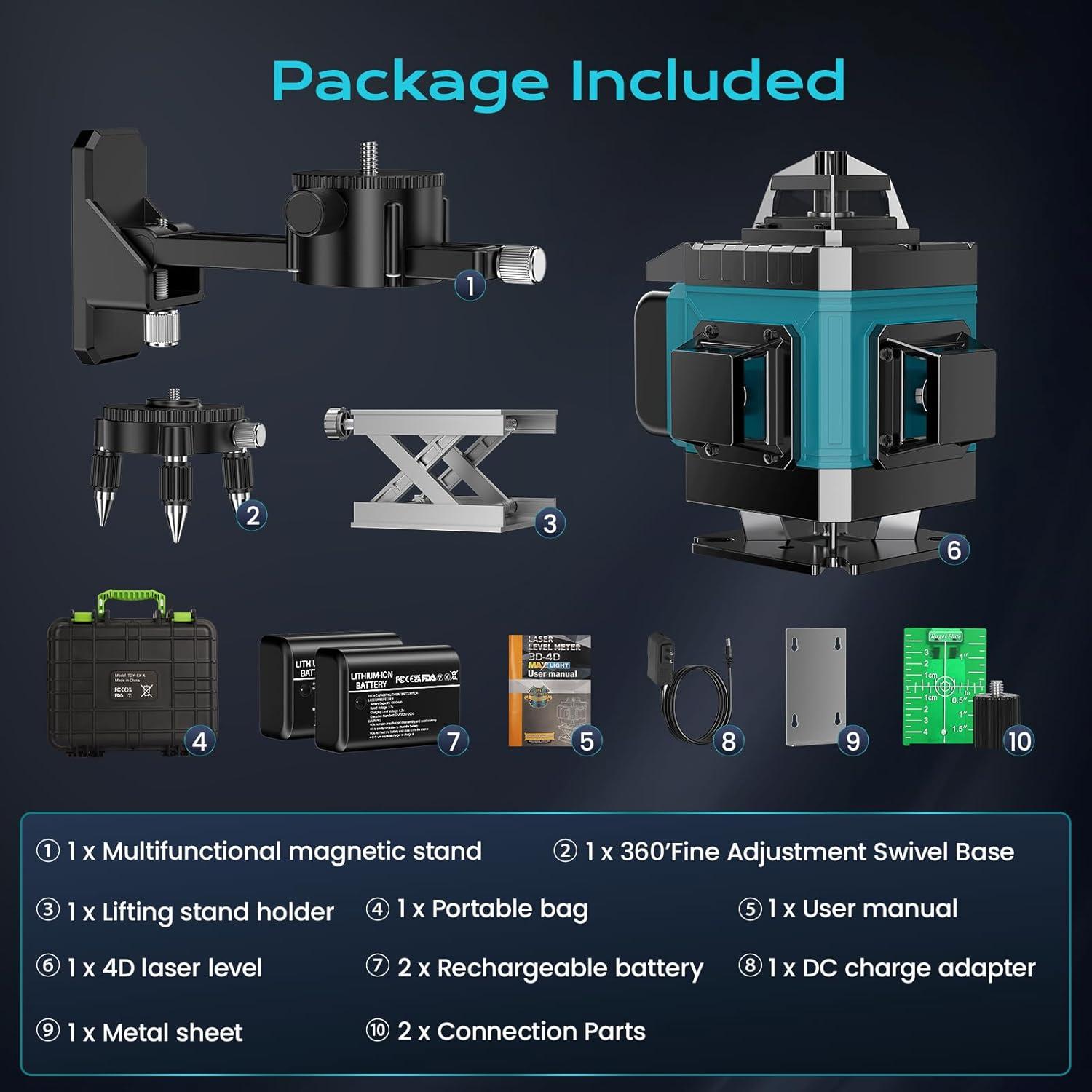 Nivel láser 4D auto nivelante LQHUE 16 líneas 360° verde