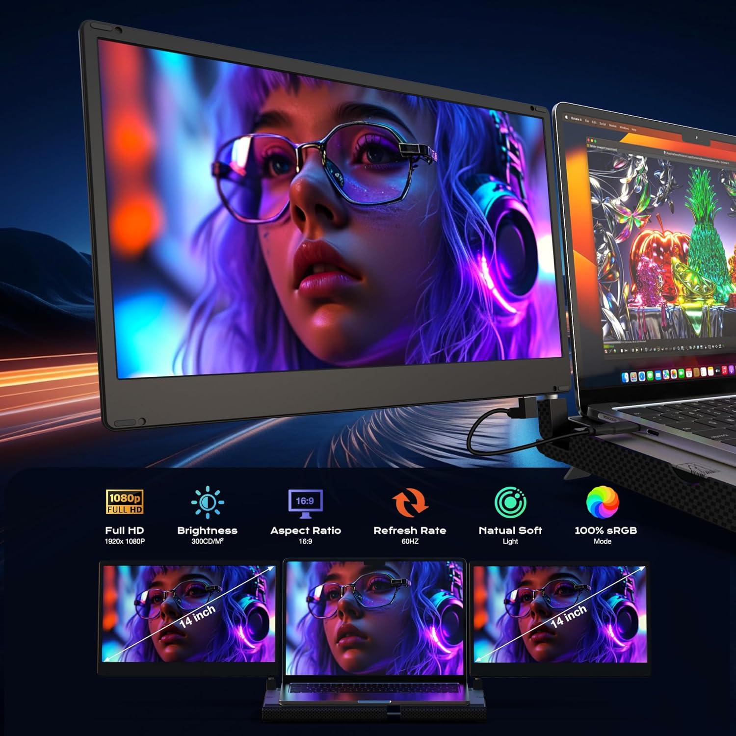 Monitor Portátil Doble 14'' FHD IPS SMISEACOW 1080P