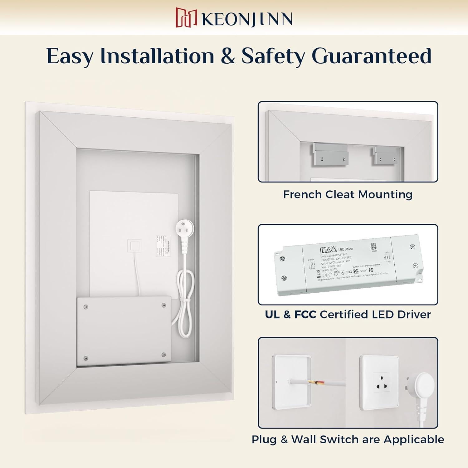 Espejo de baño LED Keonjinn 91x36 cm con luz y anti-vaho