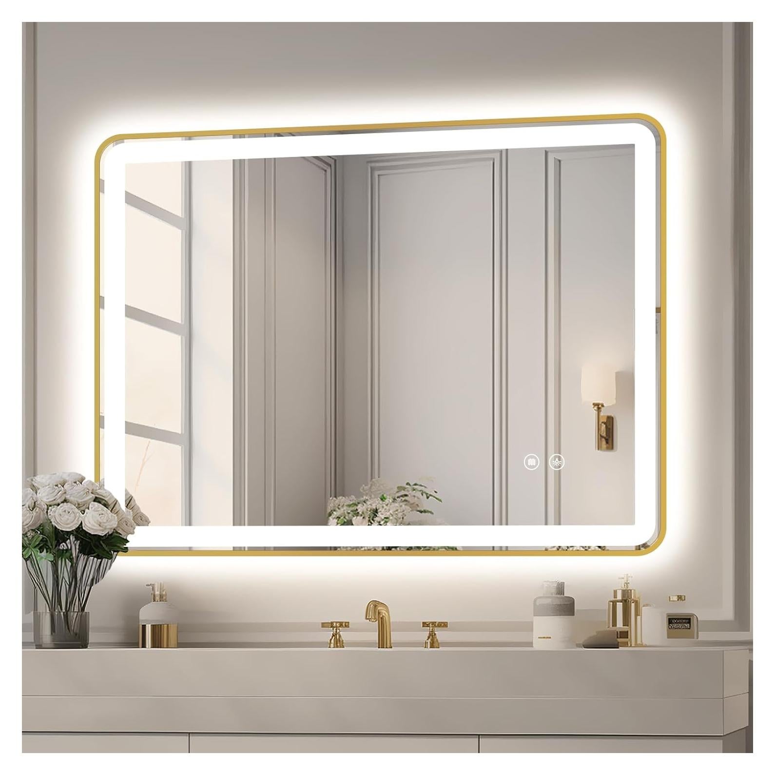 Espejo de baño LED TheiaMo 36x28 dorado anti-vaho