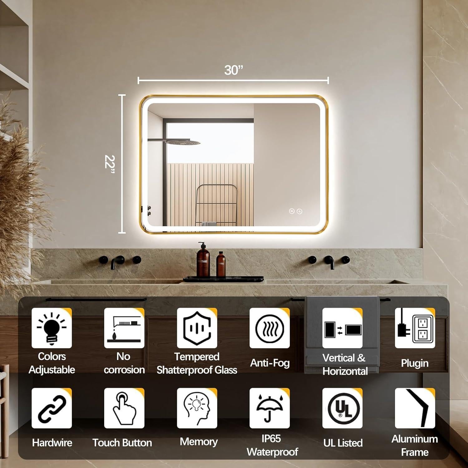Espejo de baño LED TheiaMo 36x28 dorado anti-vaho