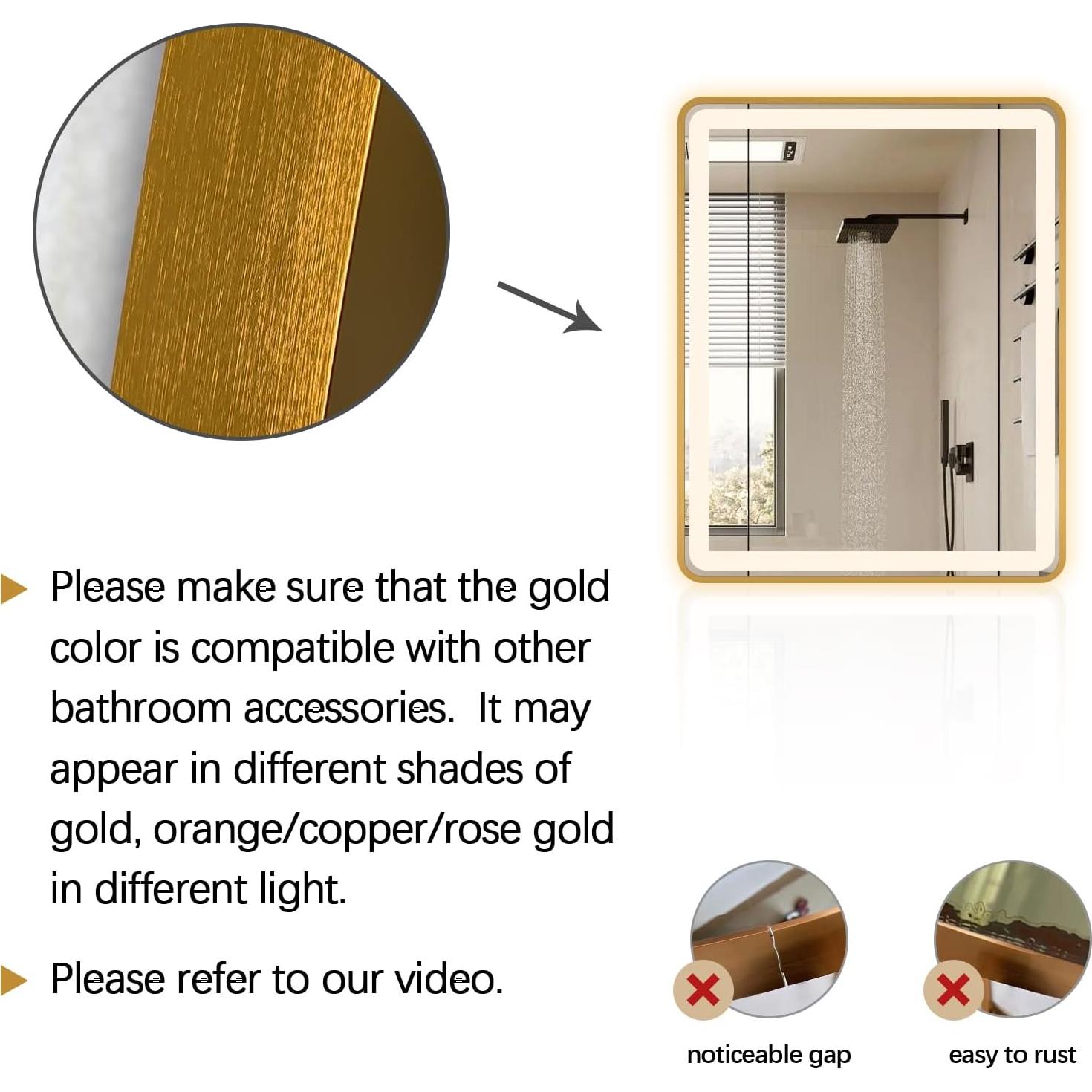 Espejo de baño LED TheiaMo 36x28 dorado anti-vaho