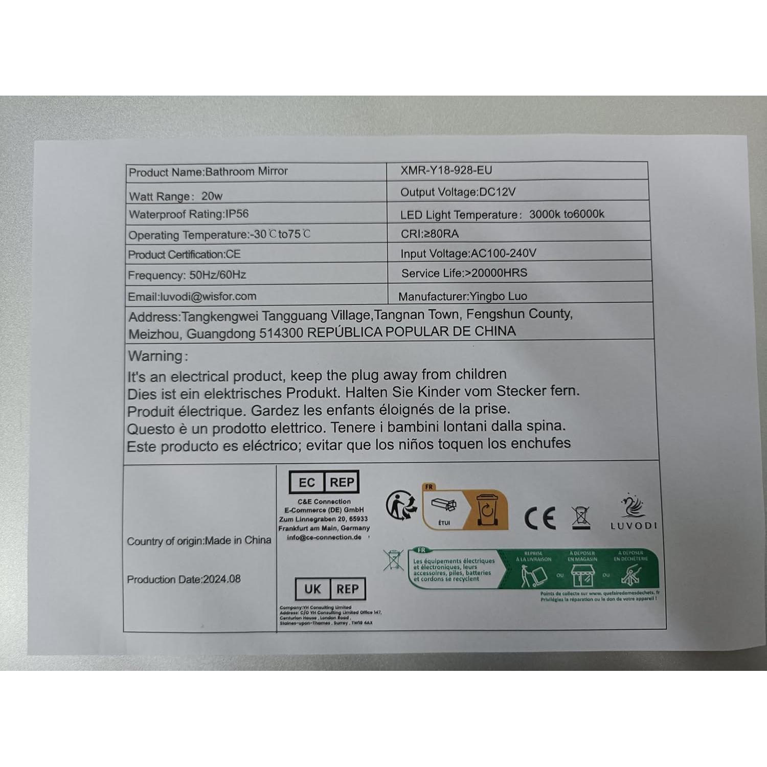 Espejo de Baño LED LUVODI 61 cm Redondo Antivaho