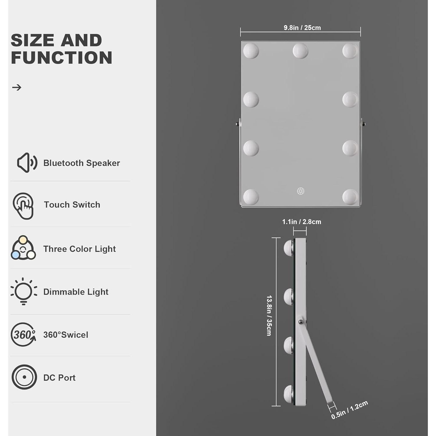 Espejo de tocador Hasipu con luces y altavoz Bluetooth 25x35cm
