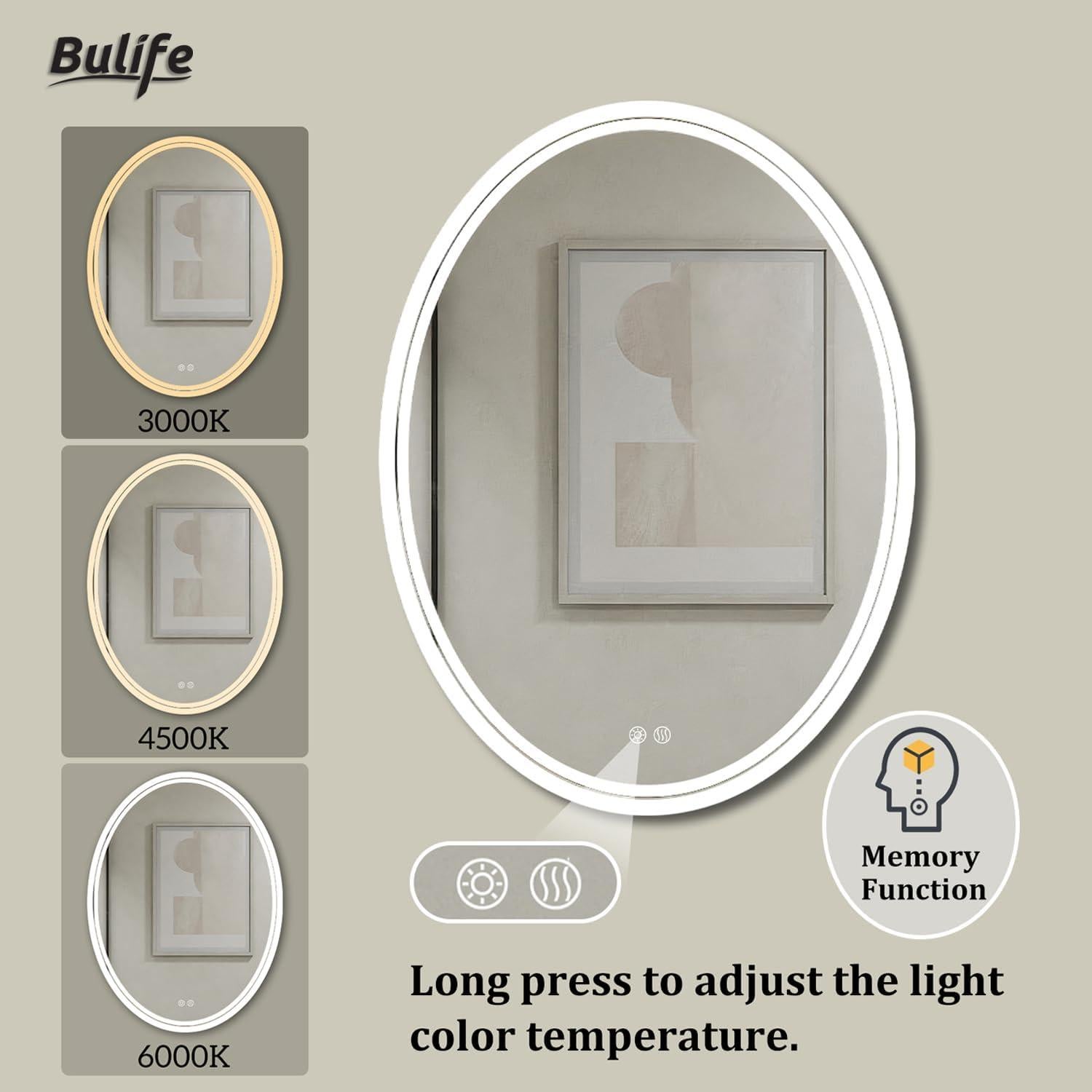 Espejo de baño LED ovalado BuLife 91x71 cm anti-vaho