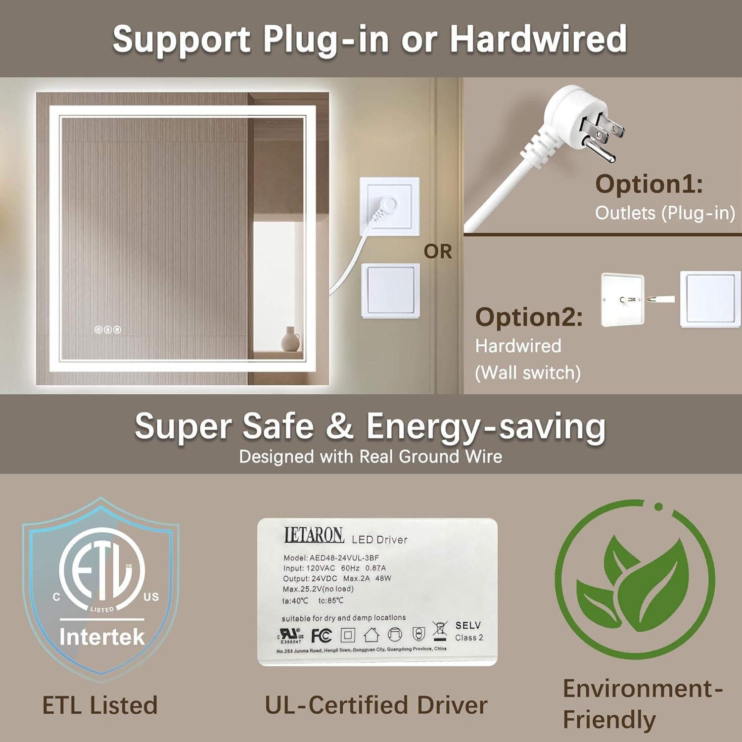 Espejo LED TIFULLHOME 76x76 cm con luz y anti-vaho