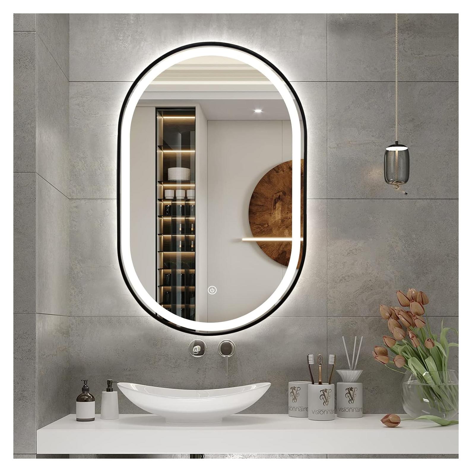 Espejo de Baño LED Ovalado TheiaMo 91x61 cm Negro