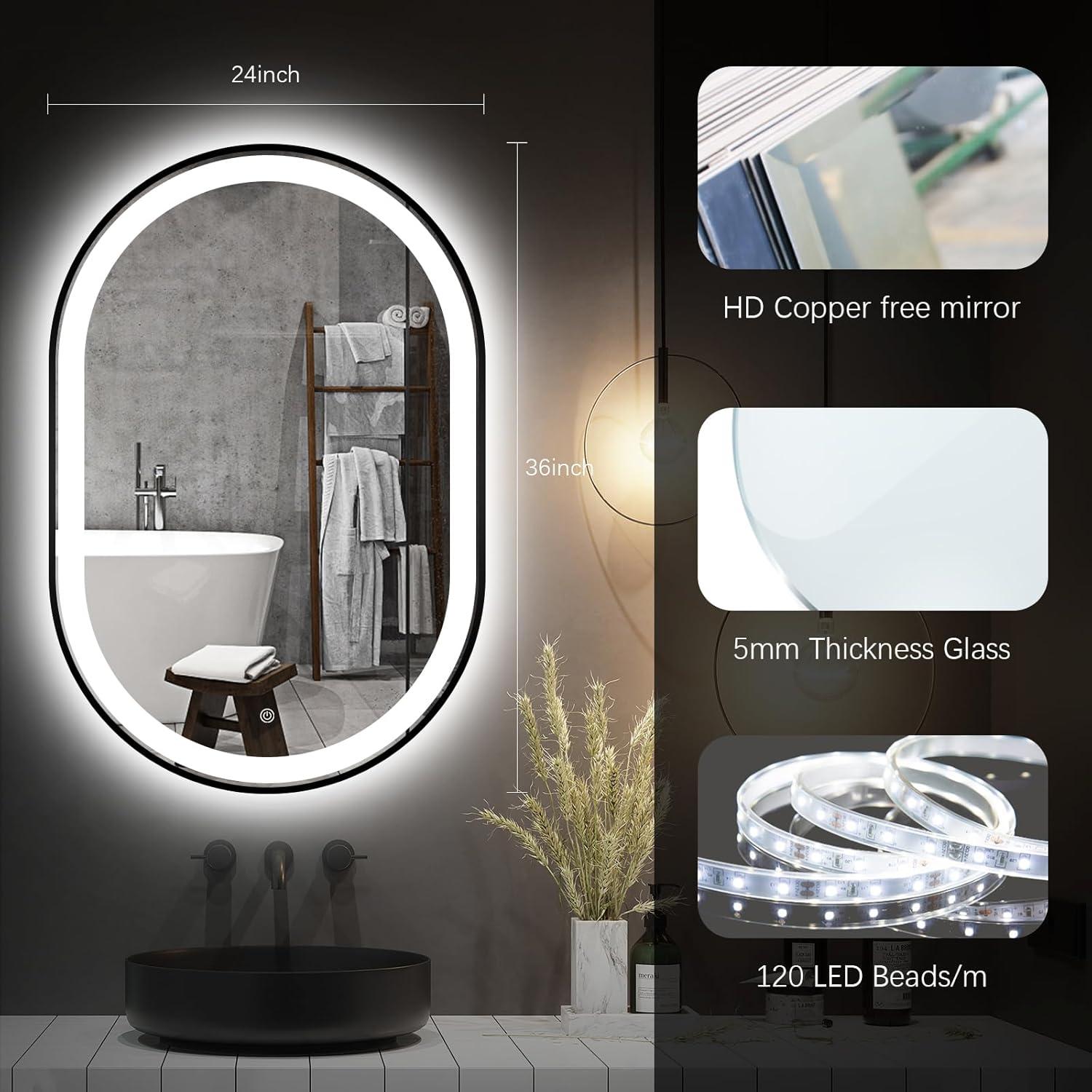 Espejo de Baño LED Ovalado TheiaMo 91x61 cm Negro