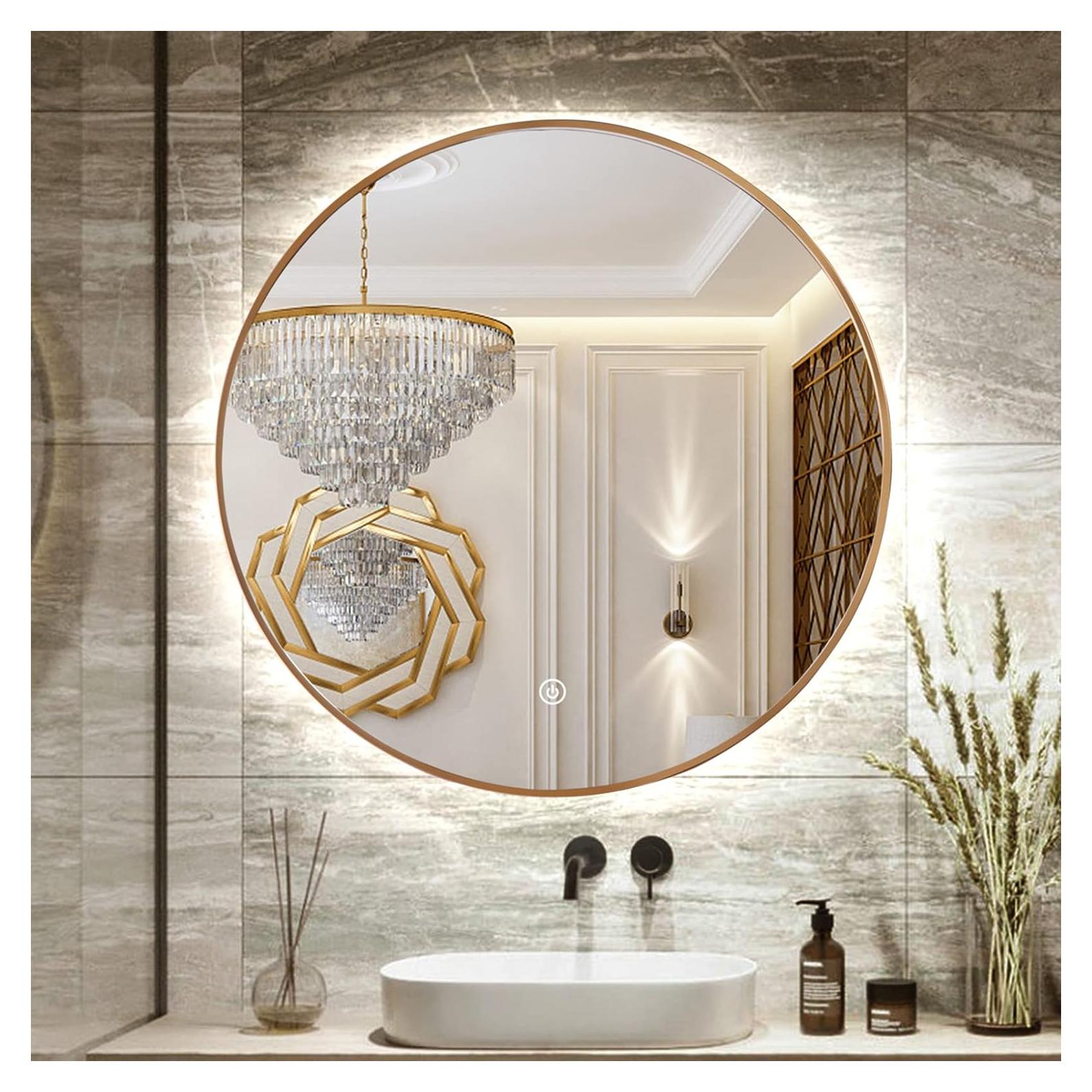 Espejo de Baño LED Redondo TheiaMo 60cm Dorado Iluminado