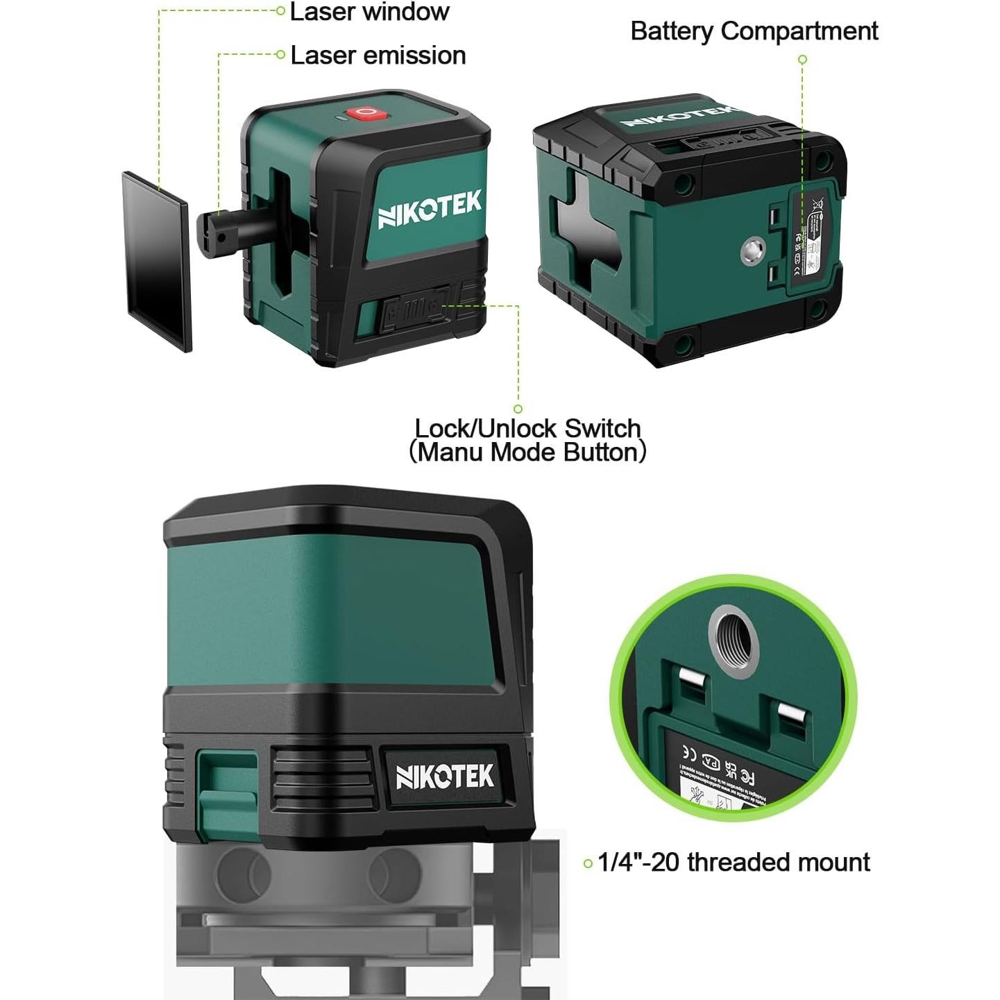 Nivel láser verde Nikotek NK02G autorregulable 100 pies