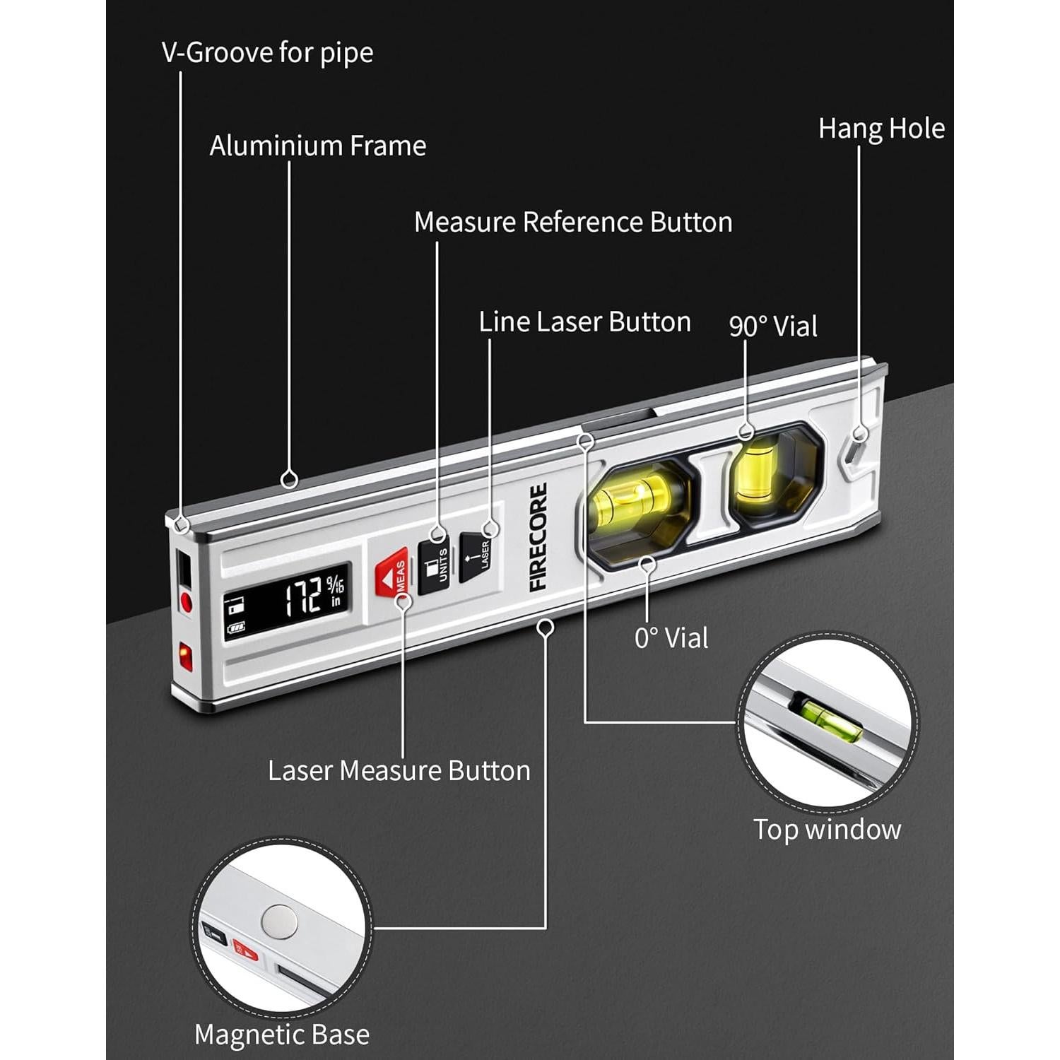 Nivel de Espiritu 3-en-1 Firecore con Medidor Laser 20m