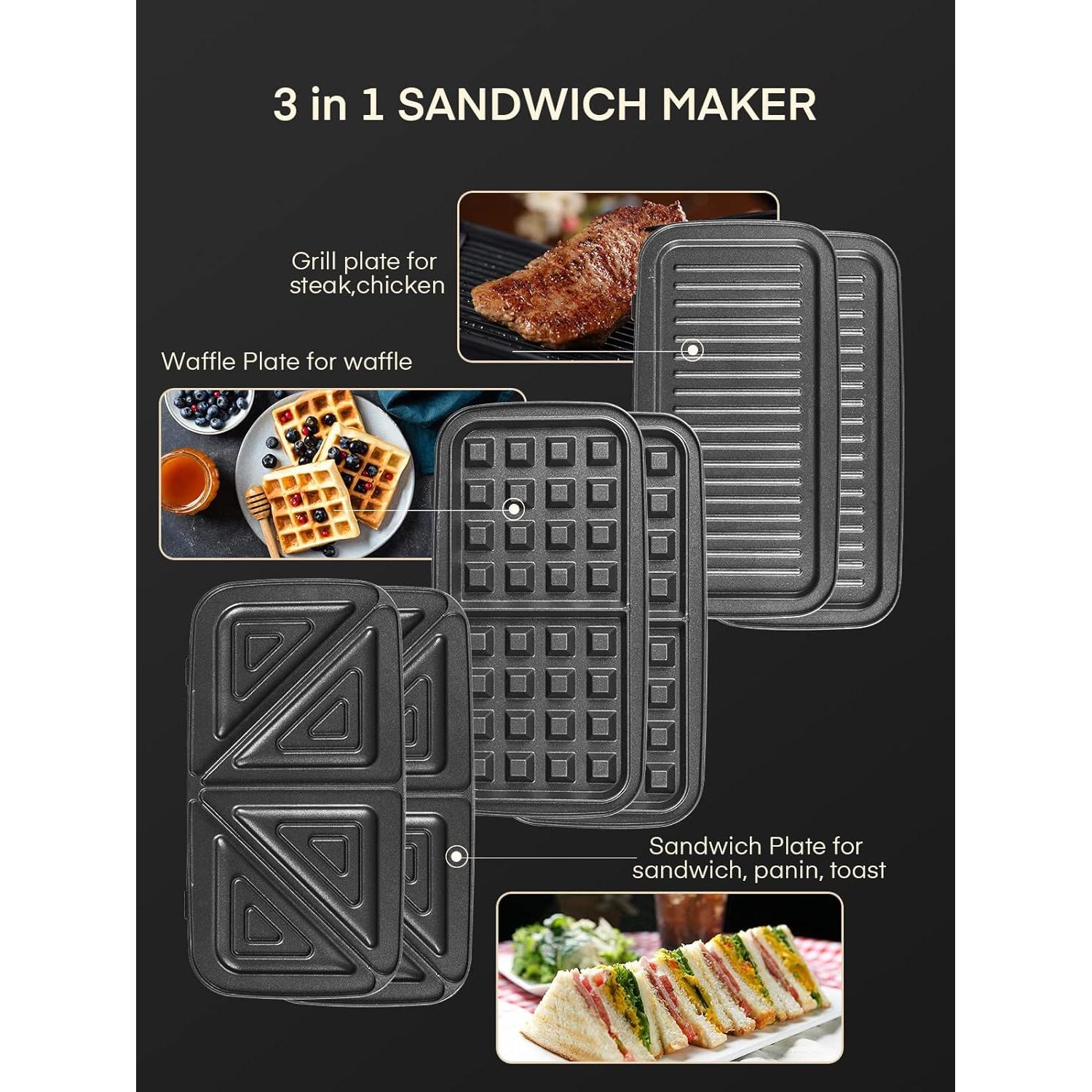 Hacedor de Sándwiches FOHERE 3 en 1 1200W Placas Removibles