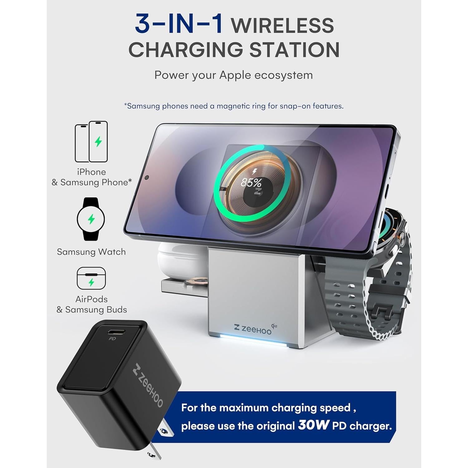 Estación de Carga 3 en 1 ZEEHOO para iPhone y Samsung, 15W