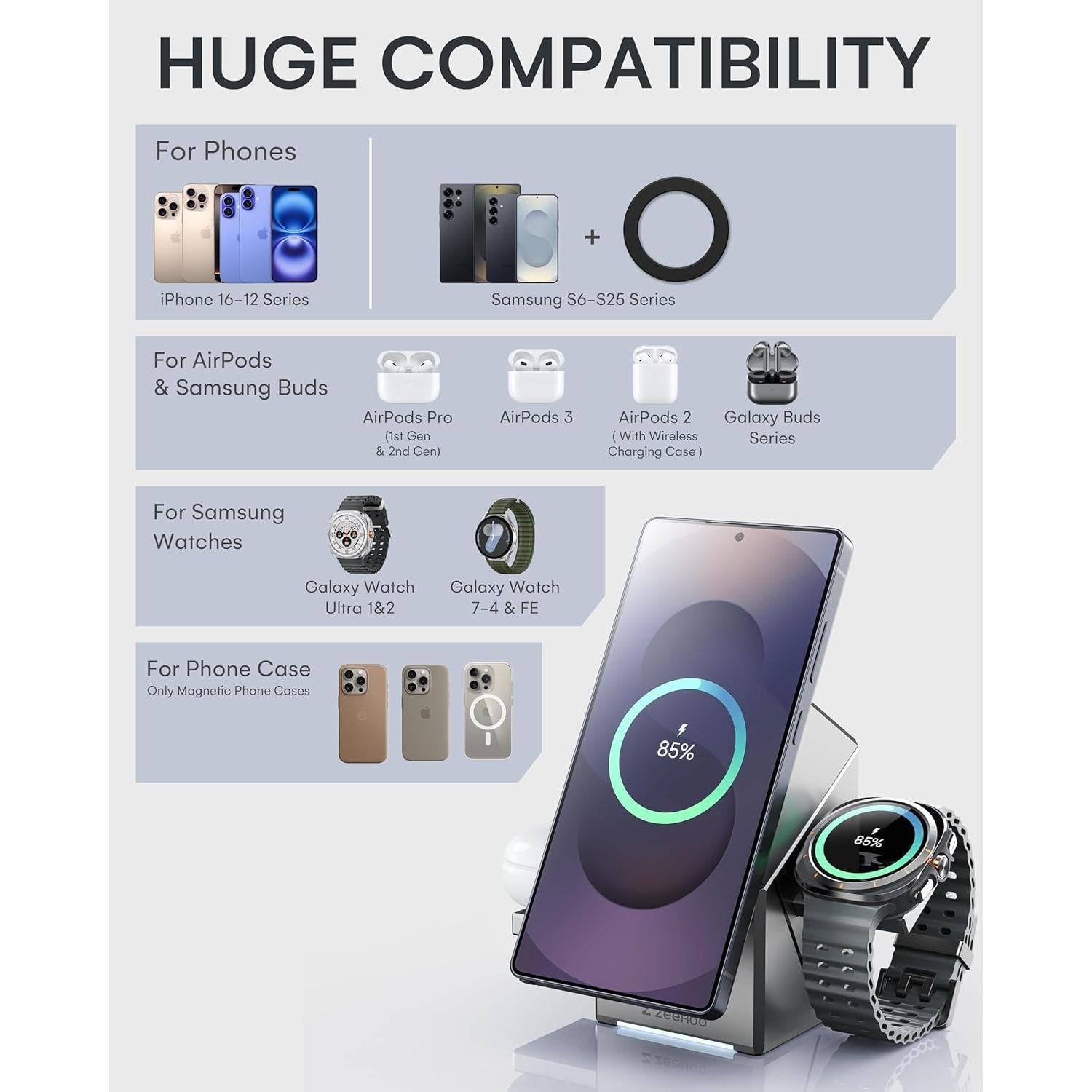 Estación de Carga 3 en 1 ZEEHOO para iPhone y Samsung, 15W