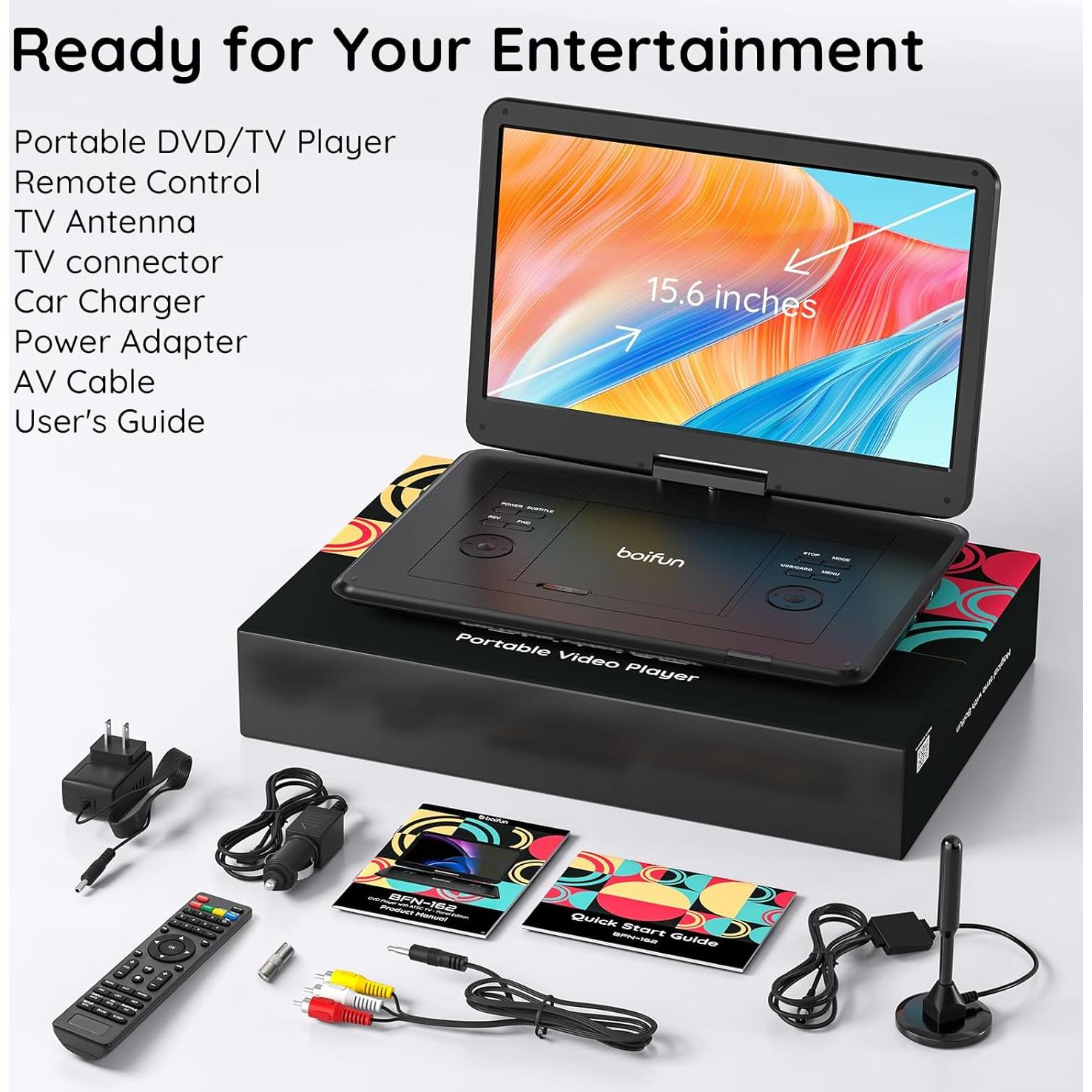 Televisor Reproductor DVD Portátil BOIFUN 15.6" HD Giratorio