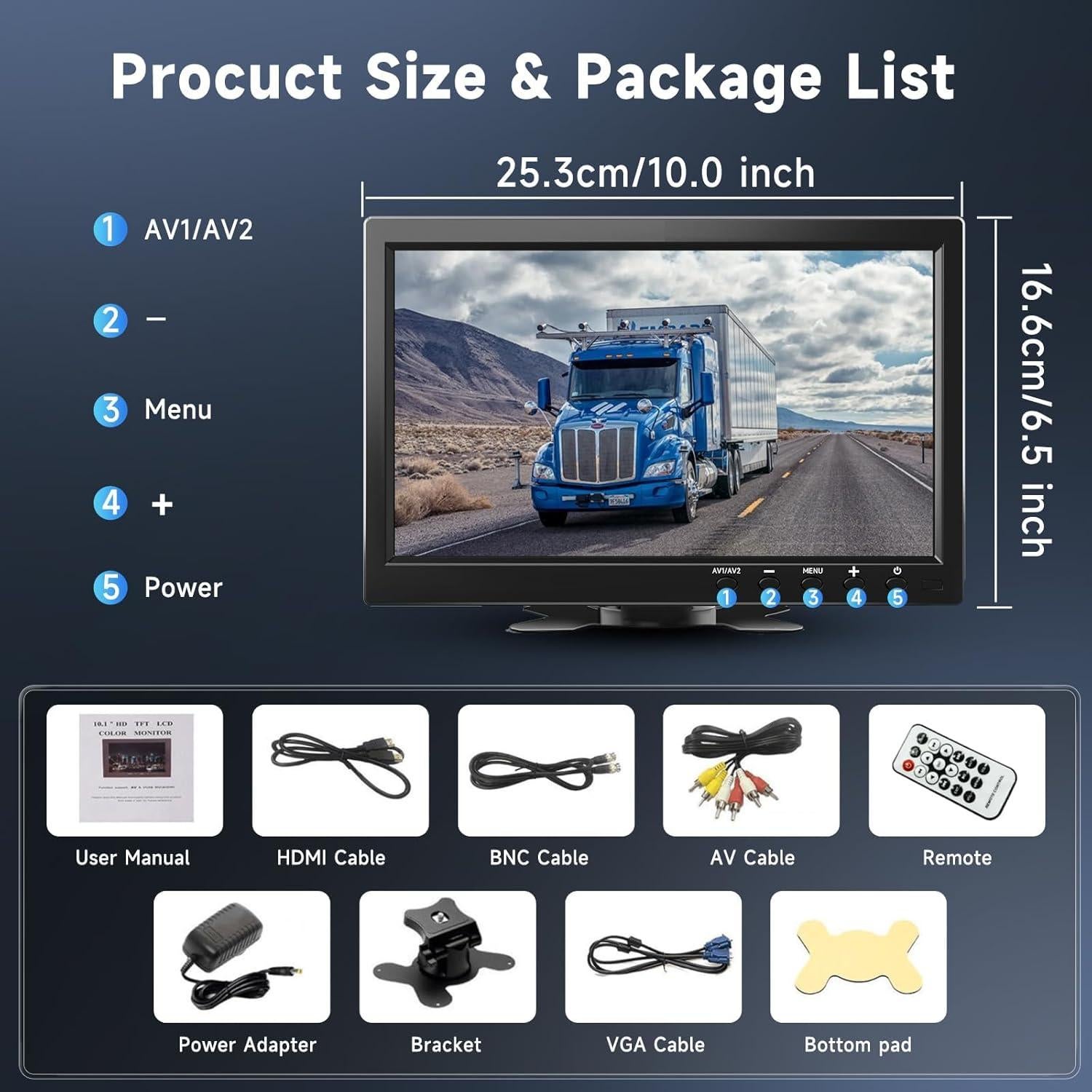 Monitor HD 10.1" Podofo TFT LCD para Coche y Seguridad