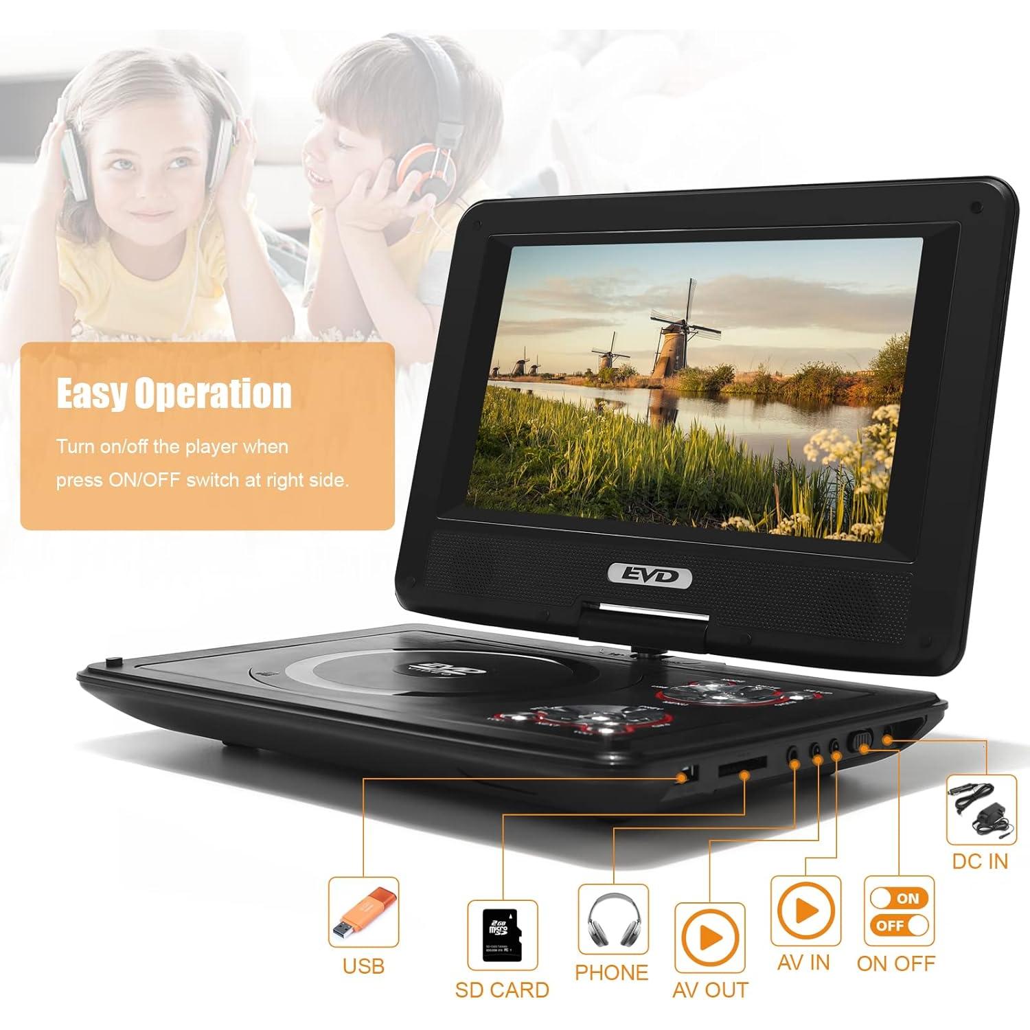 11.5" Portable DVD Player with 9.5" Swivel Screen, 5-Hours Rechargeable Battery,Car DVD Player,Support CD/DVD/SD Card/USB,Regions Free,Dual Speakers, Black…