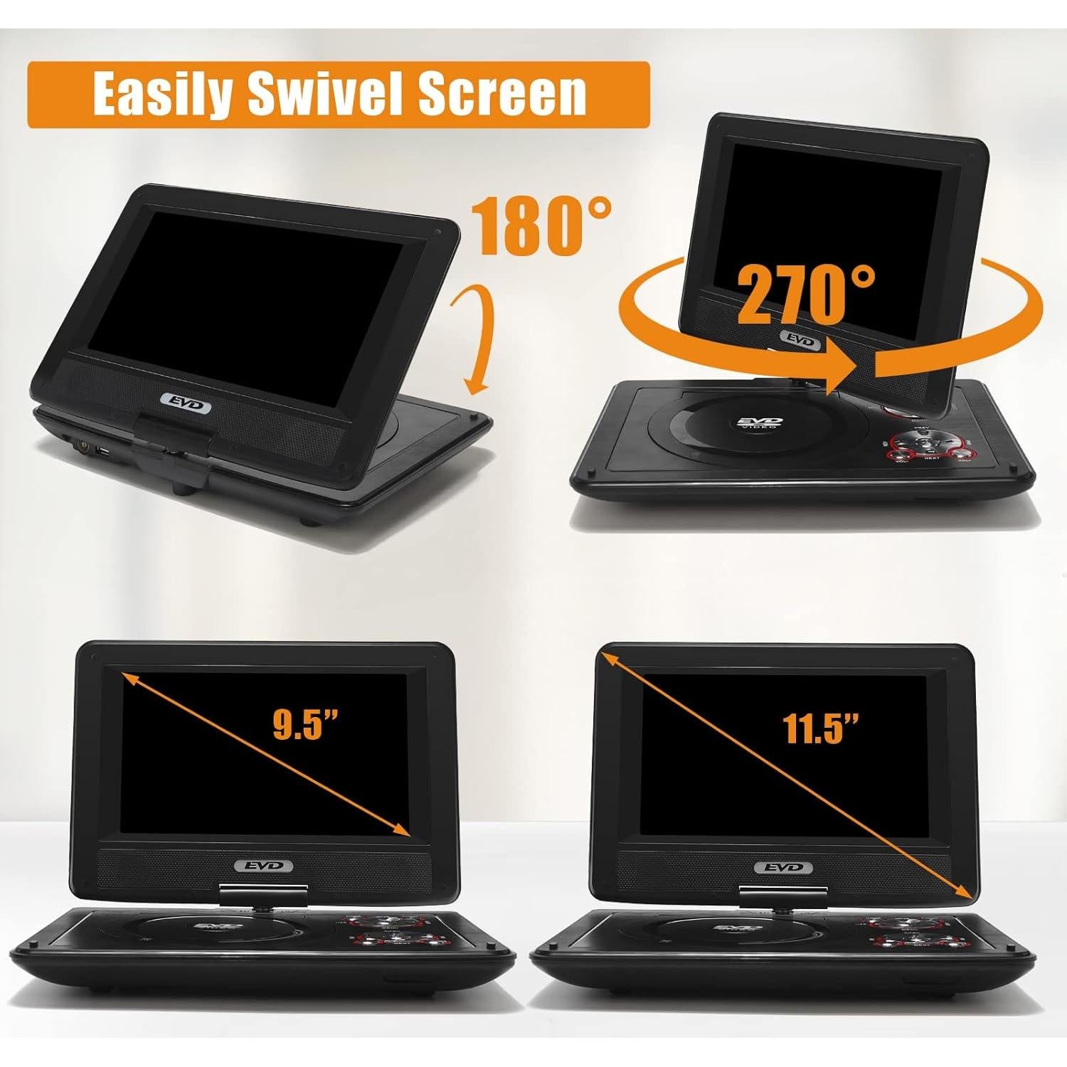 11.5" Portable DVD Player with 9.5" Swivel Screen, 5-Hours Rechargeable Battery,Car DVD Player,Support CD/DVD/SD Card/USB,Regions Free,Dual Speakers, Black…