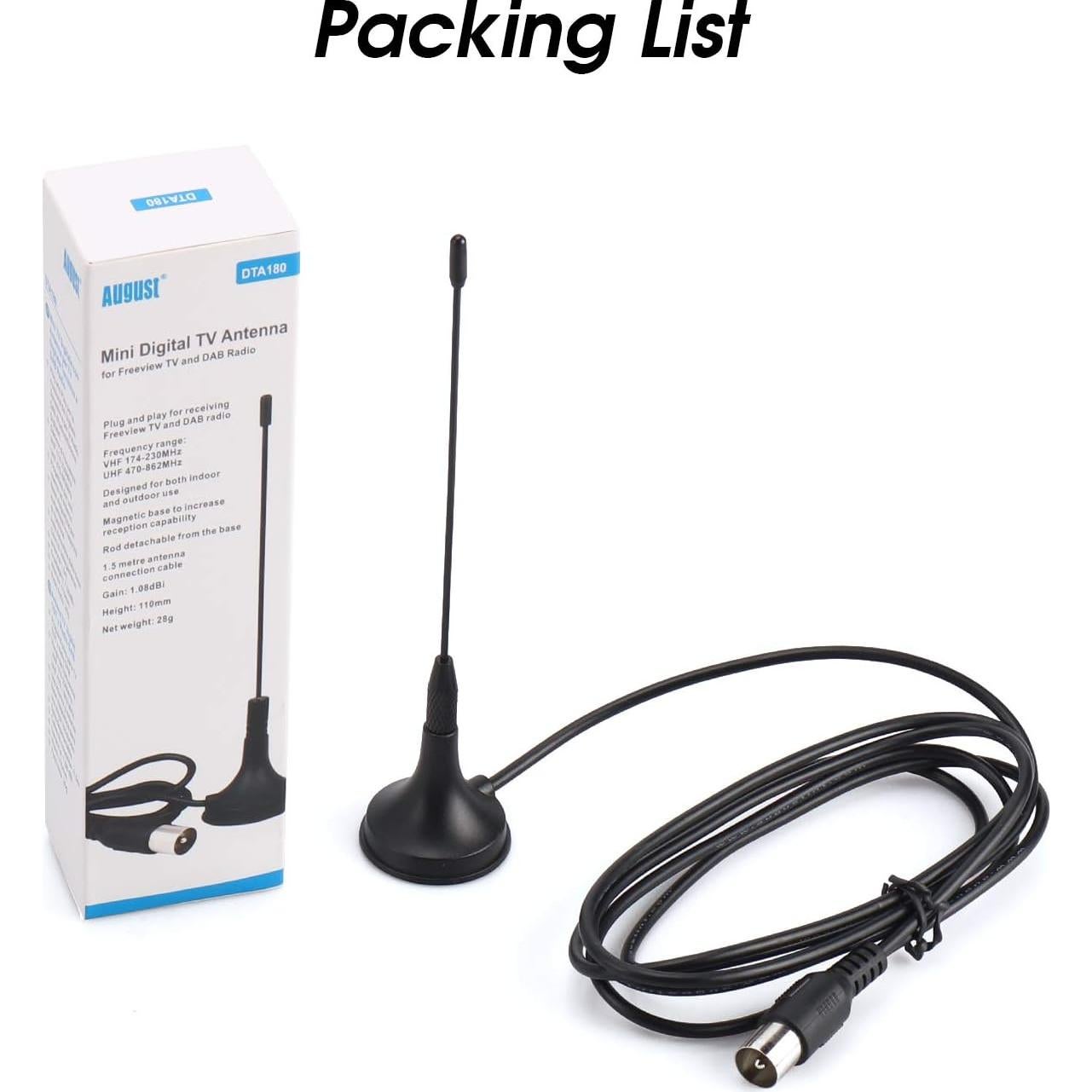 Antena de TV HD Freeview August DTA180 - Portátil con Base Magnética