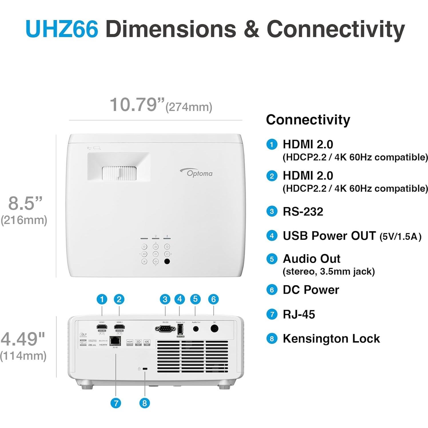 Proyector láser 4K UHD Optoma UHZ66 4000 lúmenes - Blanco