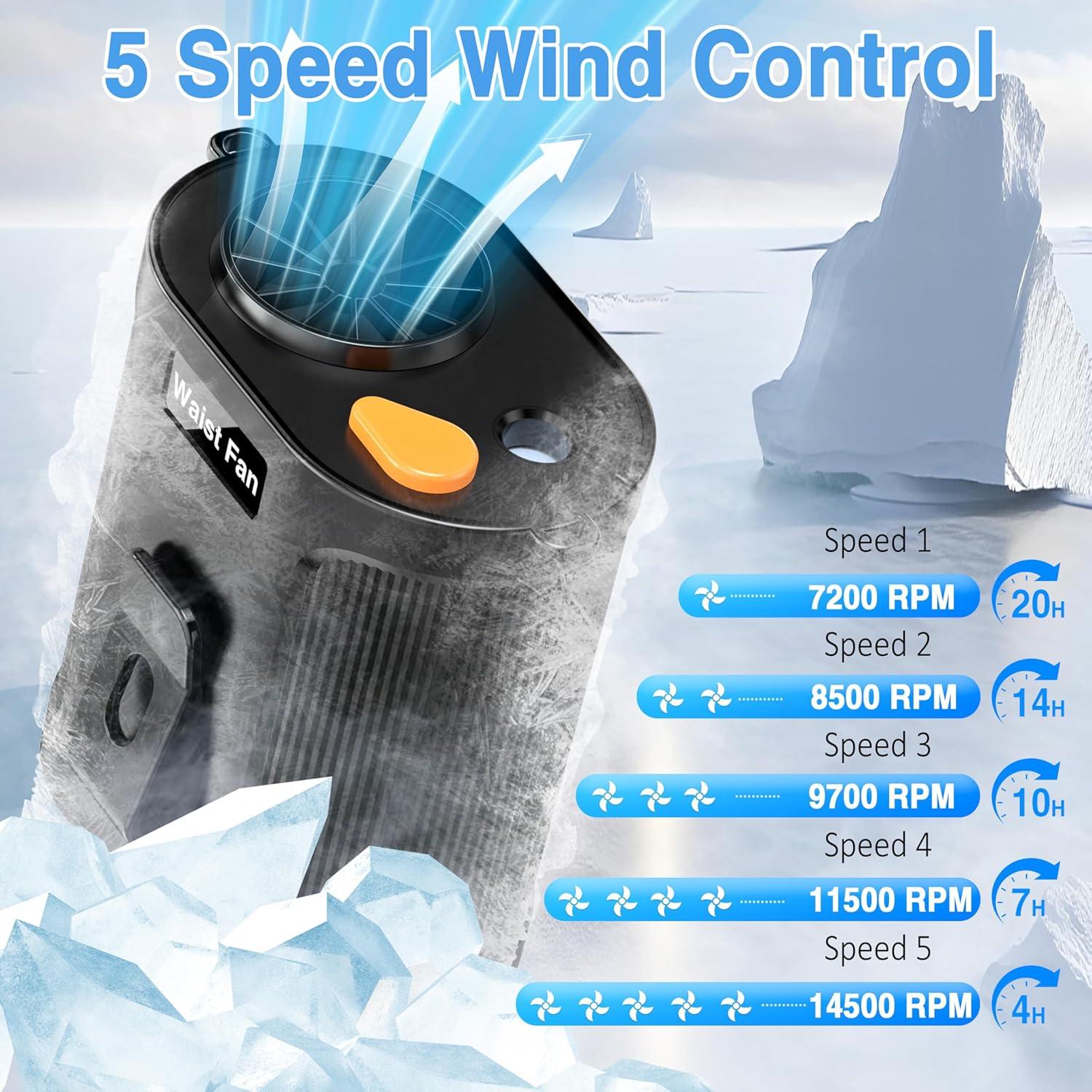 Portable Waist Fan with Mist Spray Portable Misting Fan Clip on Wearable Belt Shirt Body Hand-Free Rechargeable Battery Operated 5 Speed Cooling for Outdoor Camping Travel Power Bank