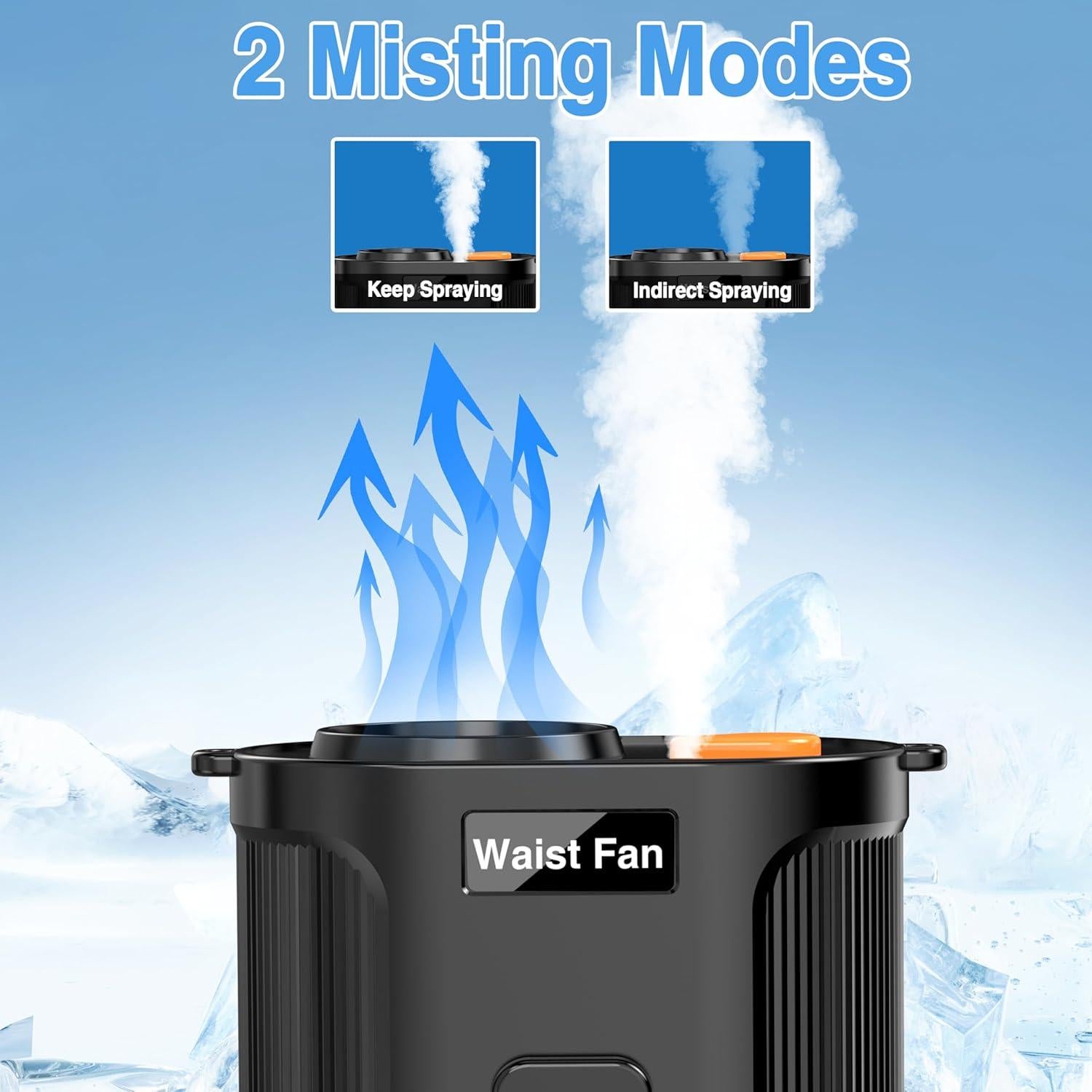 Portable Waist Fan with Mist Spray Portable Misting Fan Clip on Wearable Belt Shirt Body Hand-Free Rechargeable Battery Operated 5 Speed Cooling for Outdoor Camping Travel Power Bank