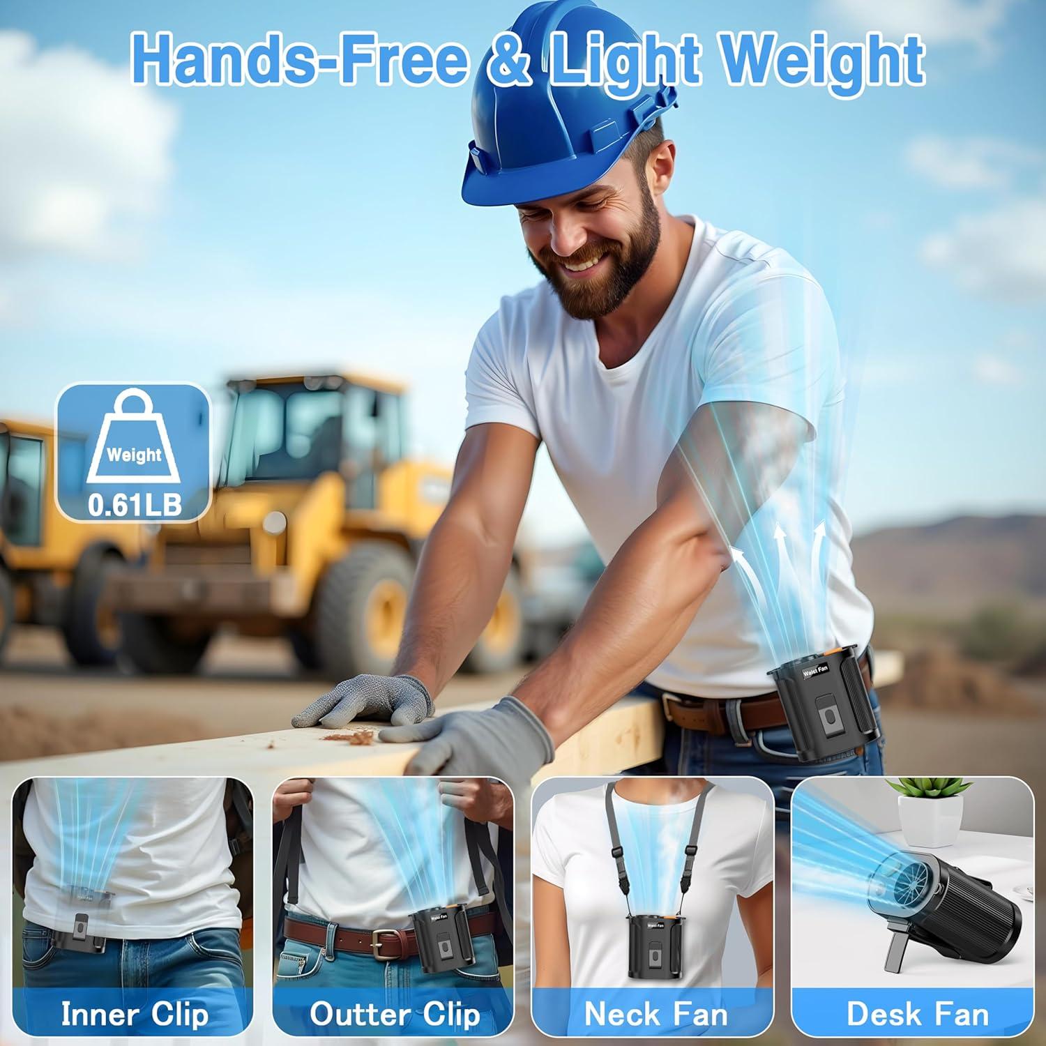 Portable Waist Fan with Mist Spray Portable Misting Fan Clip on Wearable Belt Shirt Body Hand-Free Rechargeable Battery Operated 5 Speed Cooling for Outdoor Camping Travel Power Bank