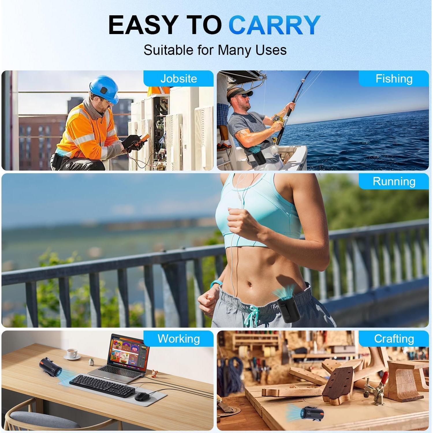 Portable Waist Fan Rechargeable, Mini Belt Clip on Personal Wearable Body Cooling Fans that Blow Cold Air,Dual Clip under Shirt Battery Powered Neck Coolers for Hot Weather,Camping,Outdoor,Jobsite