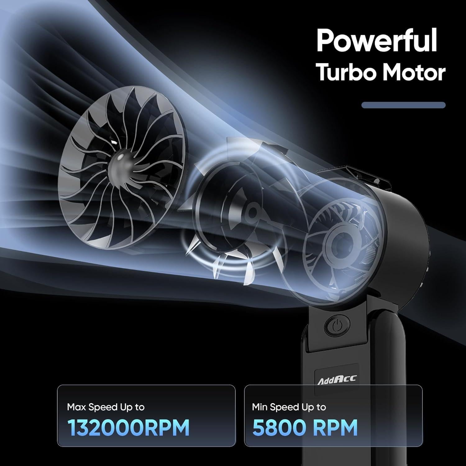 Ventilador Turbo Portátil AddAcc K400, Batería 5000mAh, 26h