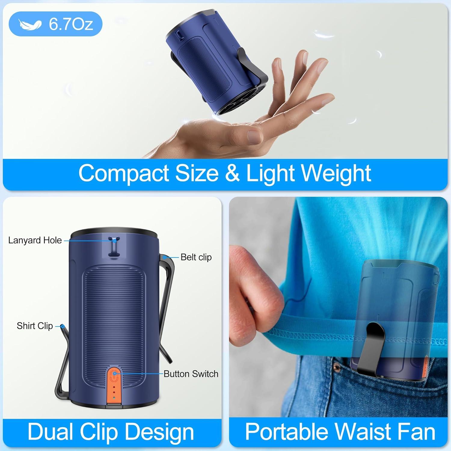Waist Fan, 4 Speeds Powerful Airflow Portable Waist Fan With Dual Clip, Cool Clip Fan With Up To 25H Cooling Time, Hanging Neck Fan, Wearable Belt Fan for Traveling, Warehouse, Indoor, Outdoor (Blue)