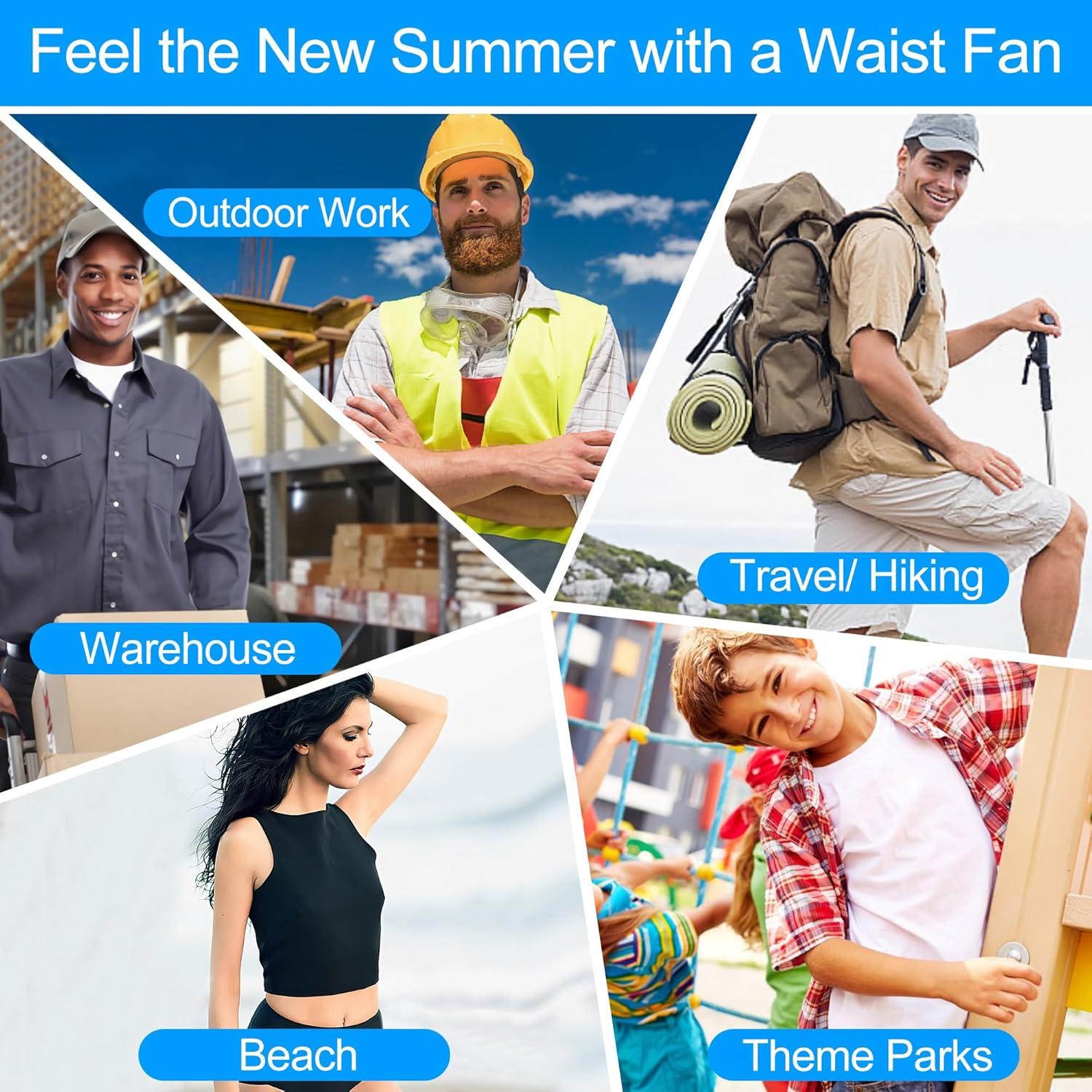Waist Fan, 4 Speeds Powerful Airflow Portable Waist Fan With Dual Clip, Cool Clip Fan With Up To 25H Cooling Time, Hanging Neck Fan, Wearable Belt Fan for Traveling, Warehouse, Indoor, Outdoor (Blue)