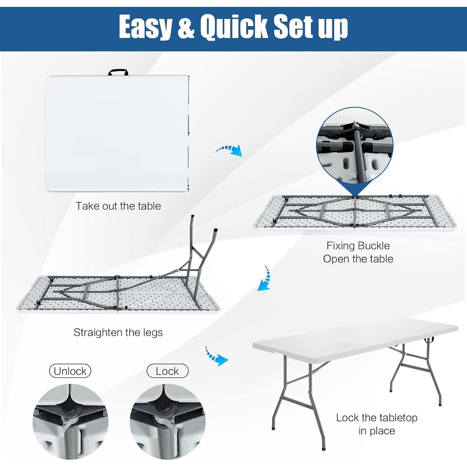 Mesa Plegable Goplus 1.80m Blanca para Picnic y Camping